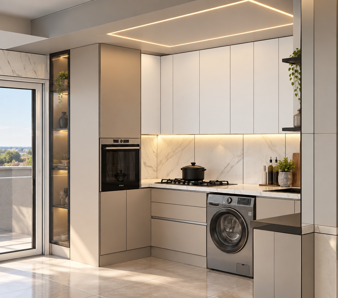 A photorealistic architectural interior photograph capturing the exact kitchen layout, featuring smooth medium-beige lower and tall cabinetry contrasted by semi-matte white upper cabinets illuminated by warm under-cabinet task lighting. The ceiling's yellow rectangular outline is rendered as a clean, recessed warm linear light strip, while the adjacent tall display cabinet features dark smoked glass framed in slim steel with soft internal shelf illumination. Countertops and marble backsplash areas are finished in semi-gloss white stone with subtle, natural grey veining, complementing matte white sliding storage panels behind the stove and light ceramic floor tiles reflecting soft ambient daylight entering from the left. Captured with a professional wide-angle architectural lens, displaying sharp focus, realistic specular reflections on appliances, and authentic material textures without altering the perspective or geometry.