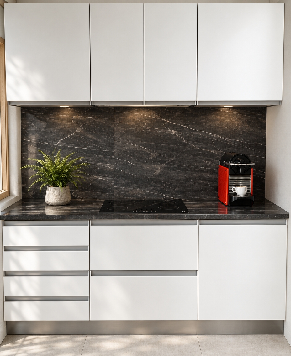 An incredibly lifelike, richly detailed, photorealistic interior shot of a sleek kitchen nook set in a tranquil Scandinavian sanctuary. The scene is illuminated by soft, diffused morning light filtering through an adjacent window, creating an airy, minimalist atmosphere. Captured with a 35mm lens, emphasizing the sharp contrast between the matte white cabinetry and the dramatic, deep-veined black marble backsplash.

The kitchen features handleless, alpine-white cabinetry that offers a clean, seamless aesthetic against the bold, dark stone. A glossy black induction cooktop sits flush with a matching charcoal-toned worktop, while a vibrant red coffee machine adds a striking pop of personality to the workspace. To the left, a small, textured ceramic planter holds a lush green fern, breathing organic life into the monochromatic space. The perspective is perfectly centered, highlighting the geometric precision of the drawers and the refined, contemporary elegance that defines this peaceful dining-integrated environment.