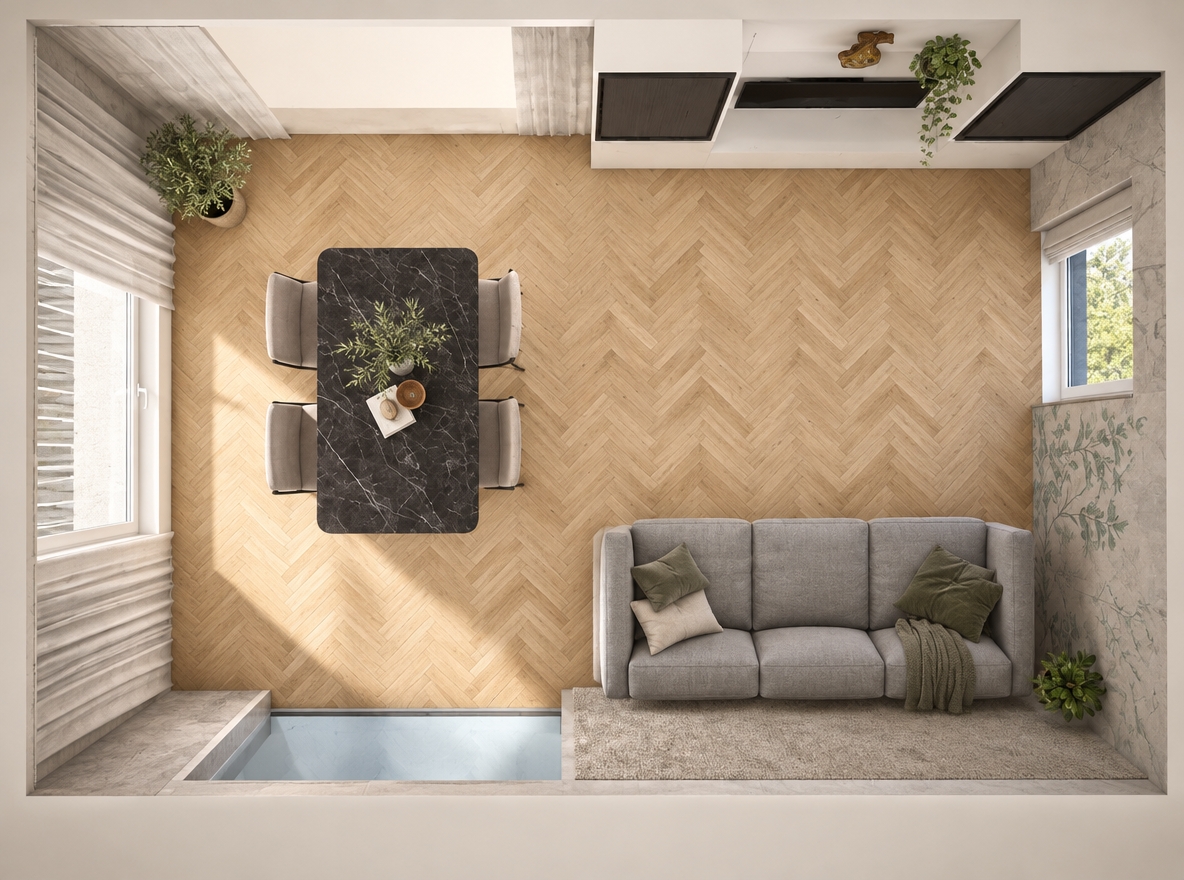 A top-down architectural photograph capturing the exact room layout in soft, warm daylight, creating an airy and minimalist atmosphere. The flooring is natural oak herringbone parquet with realistic wood grain and soft ambient sheen. Behind the grey textured fabric sofa, the accent wall features a subtle, barely discernible botanical fresco. Balanced diffuse lighting fills the space, casting gentle natural shadows around the dark dining table, modern chairs, and clean perimeter walls, photographed with high dynamic range, crisp architectural clarity, and authentic surface textures.