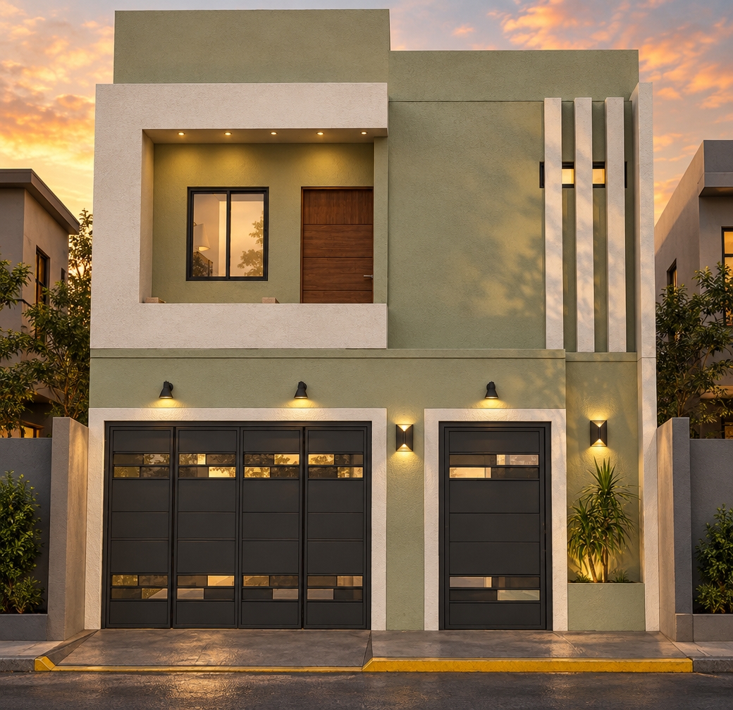 A straight-on architectural photograph of the modern two-story townhouse at sunset, maintaining the exact structural geometry, perspective, and composition. The exterior walls feature realistic concrete textures painted in muted matcha green complemented by off-white stucco accents. The garage folding gate and entry door are rendered in matte dark carbon steel with small clear glass inserts, while the upper-level door displays natural wood grain. Warm golden hour light grazes the facade, balanced by the gentle glow of the wall-mounted sconces. Partially visible neighboring houses flank both sides, keeping focus strictly on the central facade, captured cleanly with crisp details, natural reflections, and architectural tilt-shift lens clarity.