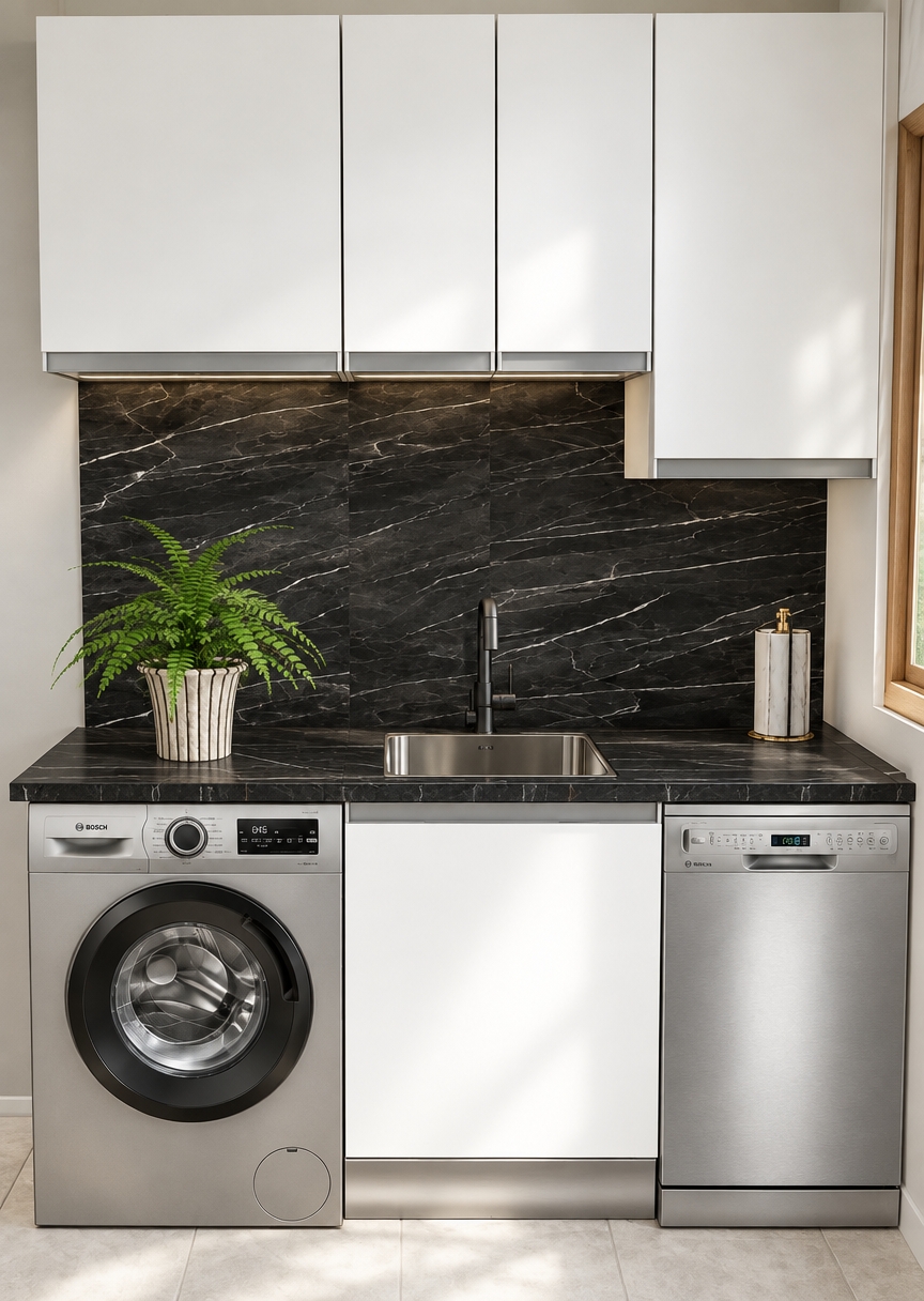 An incredibly lifelike, richly detailed, photorealistic interior shot of a compact kitchen nook set in a serene Scandinavian sanctuary. The scene is illuminated by soft, diffused morning light, creating a clean, minimalist, and tranquil atmosphere. Captured with a 35mm lens, emphasizing the high-contrast textures of the deep, black-veined marble backsplash against the crisp, matte-white cabinetry.

The kitchen area exudes a refined aesthetic where functionality meets elegance. A sleek black marble countertop anchors the workspace, mirroring the dramatic veining of the wall cladding. Brushed stainless steel appliances, including a high-end front-loading washing machine and a slimline dishwasher, are integrated seamlessly beneath the counter. A contemporary matte-black faucet rises from a deep, undermounted steel sink, complemented by a small, textured ceramic planter holding a vibrant, verdant fern that brings a organic touch to the monochrome palette. The entire setup is framed by white, handleless upper cabinets that accentuate the verticality of the space, while the surrounding walls, painted in a whisper-soft off-white, enhance the airy, uncluttered feel of this modern urban retreat.