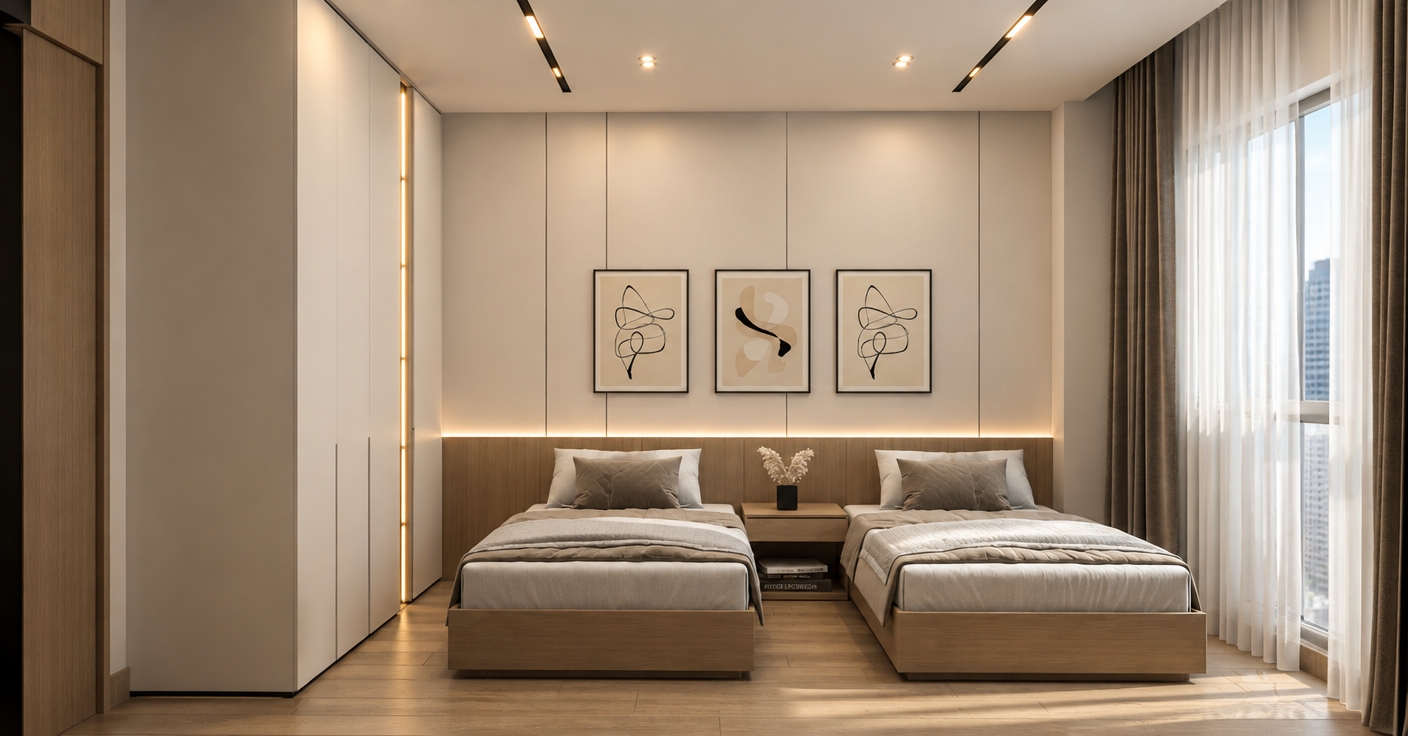 An incredibly lifelike, richly detailed, photorealistic interior shot of a sophisticated modern fusion bedroom set in a luxury urban high-rise. The scene is illuminated by a dynamic combination of soft, recessed ceiling lighting and a warm, linear LED glow emanating from the custom floor-to-ceiling wardrobe and headboard, creating a serene, contemporary atmosphere. Captured with a 35mm wide-angle lens, the composition emphasizes the clean geometric lines of the matching twin beds and the smooth, matte finish of the seamless wall paneling.

The room masterfully balances organic and industrial elements, featuring light oak wooden flooring and bed frames paired with sleek, monochromatic white cabinetry. Above the central nightstand, a trio of abstract wall art pieces with bold, fluid black strokes provides a striking focal point against the minimalist background. The atmosphere is elevated by the presence of a delicate botanical arrangement, while layered sheer and heavy taupe drapery frame the window, softening the light. Subtle details like a stack of curated photography books on the nightstand and the precise, modular alignment of the furniture enhance the high-end, uncluttered aesthetic, resulting in a space that is both functional and deeply tranquil.