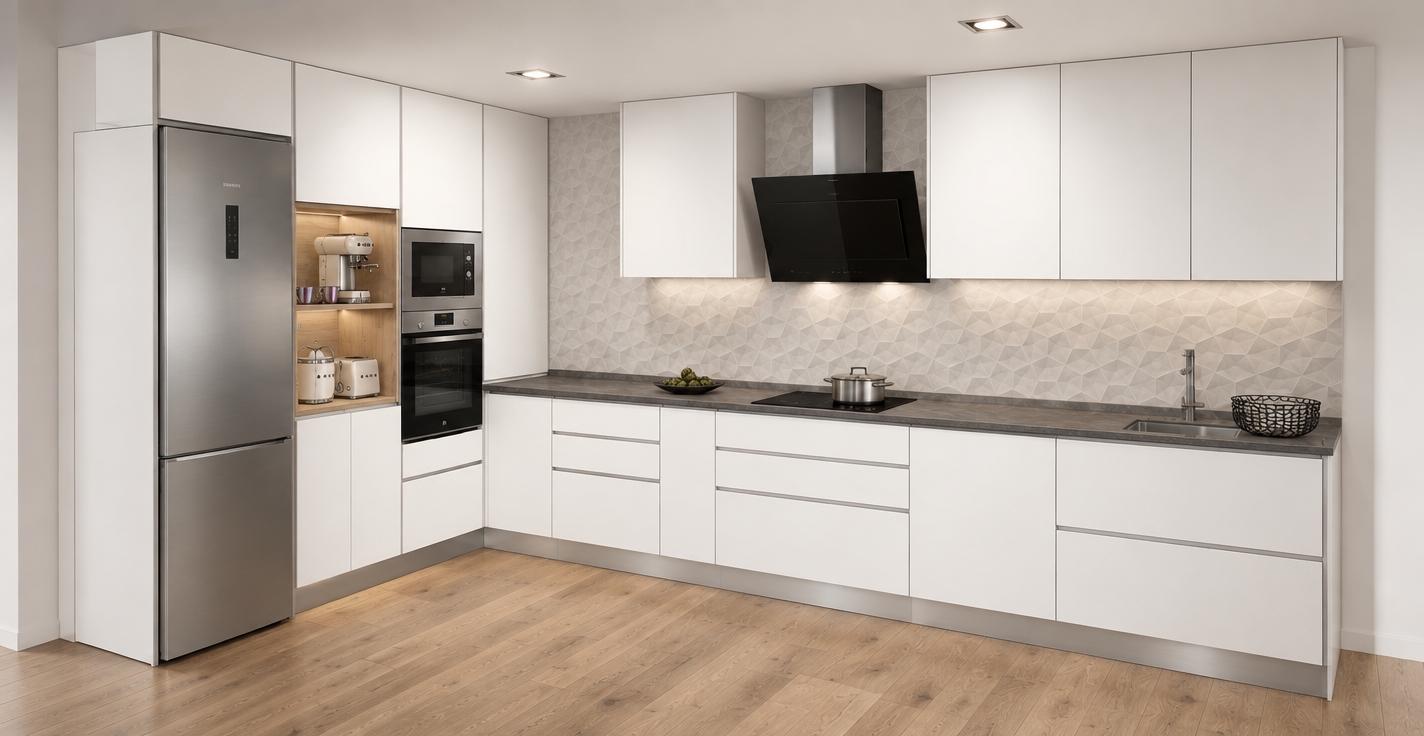 An incredibly lifelike, richly detailed, photorealistic interior shot of a contemporary kitchen set in a minimalist haven. The scene is illuminated by soft, recessed LED lighting, creating a bright and airy, clean-lined atmosphere. Captured with a 24mm wide-angle lens, emphasizing the crisp matte white cabinetry and the subtle, tactile depth of the light grey geometric-patterned backsplash. The composition showcases a seamless U-shaped layout, where the cool stainless steel of the tall refrigerator and the sleek black glass of the oven, microwave, and slanted chimney hood provide striking contrast against the organic warmth of the wide-plank oak flooring. Every detail, from the integrated appliance niches to the thin, dark stone-effect countertop, reflects a sophisticated balance of high-end utility and minimalist aesthetic, creating a sense of pristine order and modern tranquility.