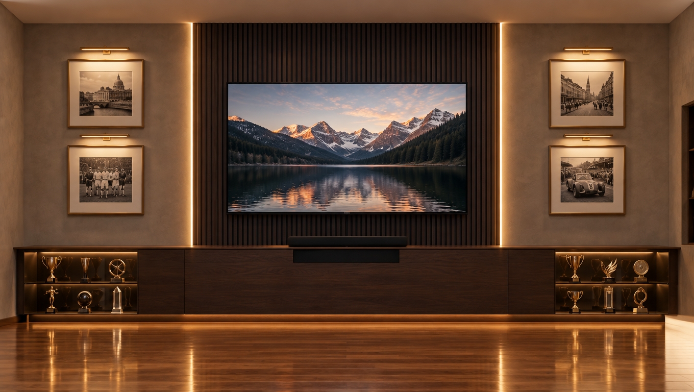 An incredibly lifelike, richly detailed, photorealistic eye-level interior shot of a sophisticated study room media wall set in a high-end contemporary residence. The scene is illuminated by warm, concealed LED strip lighting and elegant picture-frame accent lights, creating a serene, scholarly, and refined atmosphere. Captured with a 35mm lens, emphasizing the deep grain of natural walnut wood, the smooth matte finish of the plaster walls, and the high-gloss reflection on the polished timber floor.

The centerpiece of the composition is an expansive, ultra-thin 85-inch television screen, which dominates the central vertical panel. The wall treatment behind the screen has been reimagined in a modern, minimalist language: a floor-to-ceiling feature wall composed of seamless, matte-charcoal vertical slats that contrast beautifully against the surrounding light-taupe, parchment-textured walls. Two linear, recessed warm-white light channels frame the television, casting a soft, diffuse glow that highlights the vertical rhythm of the wooden slats.

Flanking the central unit are four symmetrical, minimalist gallery-style frames, each finished in brushed champagne-gold metal, housing monochromatic historical photography. These are illuminated by sleek, slim-profile LED picture lights that provide a targeted, warm wash over the artwork. Below, the media console spans the width of the wall; it is crafted from a dark, chocolate-toned oak with a seamless push-to-open design, floating slightly off the floor to enhance the room's sense of scale. The open shelving units on either side are backed with darkened mirrored glass and illuminated by discrete internal uplighting, showcasing a collection of metallic trophies and sculptural awards that reflect faintly, adding depth and architectural interest.

The floor is a stunning, reflective hardwood in a rich honey-brown hue, mirroring the soft glow of the wall lights and creating a seamless transition from the cabinetry to the ground. The composition is perfectly balanced, adhering to principles of modern fusion design where historical reverence meets sleek, contemporary minimalism. Every texture, from the fine dust-free matte of the walls to the metallic sheen of the trophies, feels authentic and tangible, evoking the quiet luxury of a private executive study.