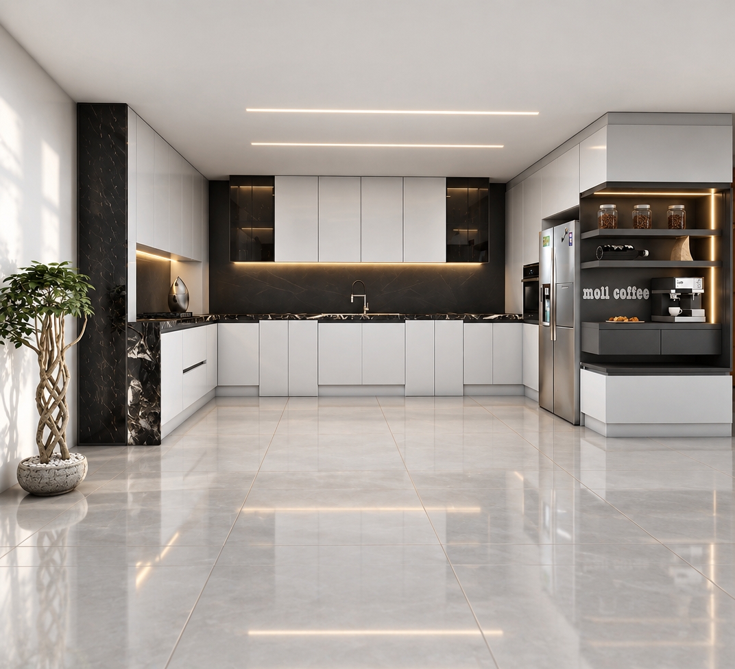 An incredibly lifelike, richly detailed, photorealistic wide-angle interior shot of a minimalist kitchen set in a serene, modern urban residence. The scene is illuminated by soft, recessed linear LED lighting and warm under-cabinet glows, creating a tranquil, sophisticated atmosphere. Captured with a high-end architectural lens, emphasizing the crisp contrast between the matte white cabinetry and the striking black marble accents.

This kitchen is a masterclass in streamlined, monochromatic design. The floor features expansive, polished light-gray tiles that reflect the subtle ambient glow, anchoring the space with a sense of airy openness. The cabinetry follows a clean, handleless aesthetic, alternating between pure white finishes and deep, dark-toned vertical panels that frame the cooking zone. To the right, a dedicated "coffee station" features elegant open shelving illuminated by vertical lighting strips, showcasing glass jars and a sleek espresso machine with effortless precision. A graceful, twisted-trunk indoor tree in a stone-textured pot stands to the left, introducing an organic, Zen-inspired element to the uncluttered environment. The composition is perfectly symmetrical and intentional, highlighting the interplay of depth, shadow, and premium materials to create a functional yet artistic haven.