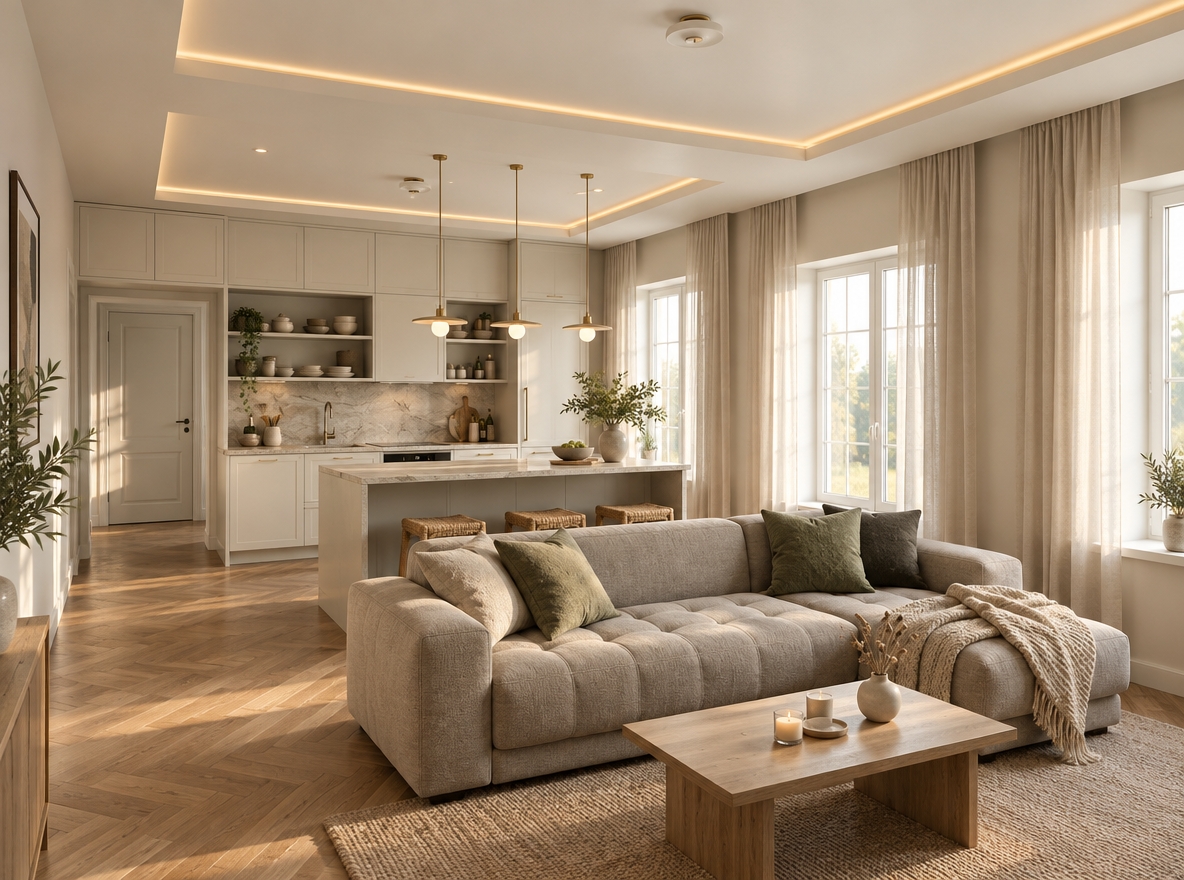 An architectural interior photograph of the exact open-concept space, featuring smooth light-olive matte walls, clean white cabinetry across the kitchen, and a softly textured light-toned sectional sofa. Diffused morning daylight streams through the light, airy sheer curtains, harmonizing with the warm ambient glow of the zoned stretch ceiling's integrated cove lighting. Shot with an eye-level wide-angle lens, the scene exhibits realistic depth of field, natural micro-textures on the herringbone wood floor and upholstery, balanced highlights, and subtle lens vignetting for an authentic photographic finish.