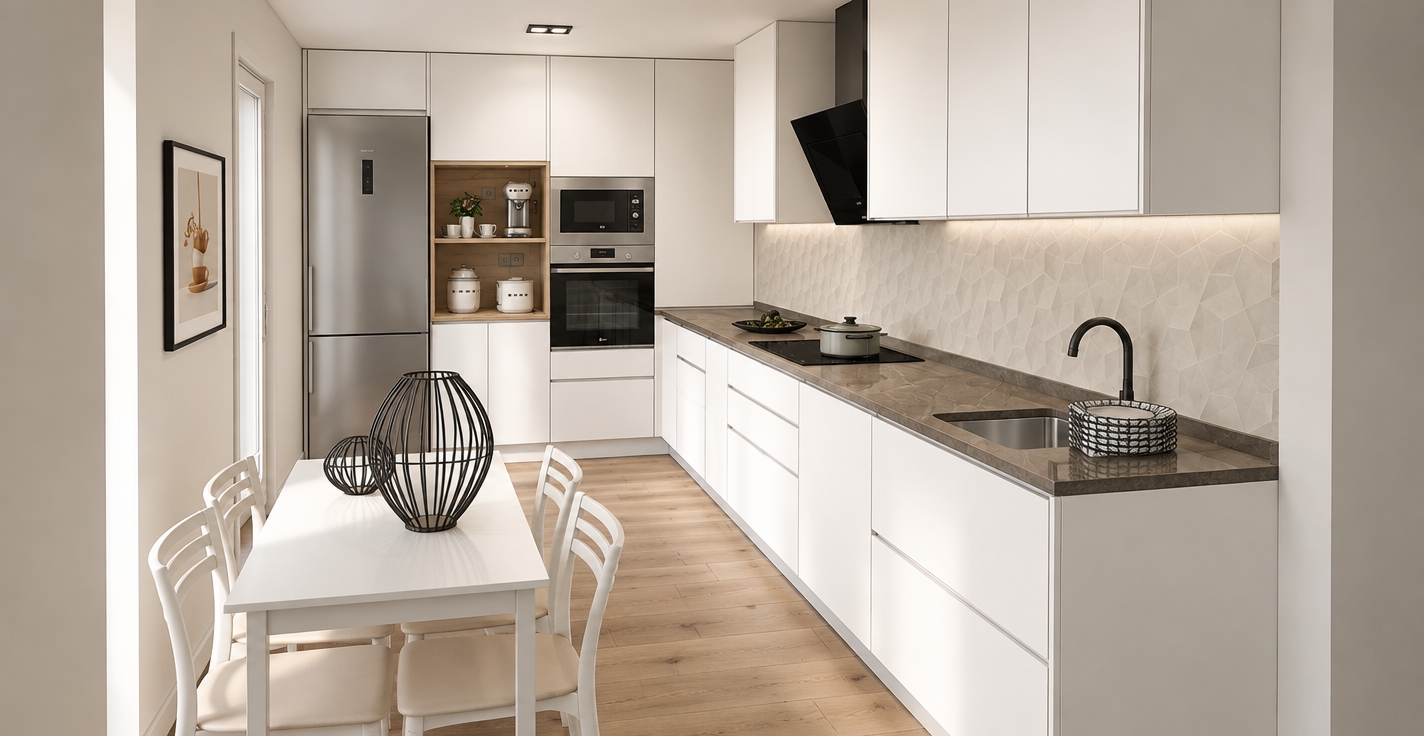 An incredibly lifelike, richly detailed, photorealistic interior shot of a sleek galley kitchen set in a contemporary apartment. The scene is illuminated by soft, diffused natural light pouring in from the unseen living area, creating a serene and minimalist atmosphere. Captured with a 24mm wide-angle lens, emphasizing the clean, handleless white cabinetry and the warmth of the wide-plank oak flooring. 

The composition centers on the seamless transition from the integrated stainless steel appliances to the rich, earth-toned stone countertop, which anchors the space. A matte black range hood and matching minimalist faucet provide a sharp, elegant contrast against the light-colored, geometrically textured wall tiles. On the left, a streamlined dining nook features a crisp white table topped with sculptural wire-frame centerpieces, inviting a sense of airy sophistication. The depth of field is meticulously balanced, capturing the fine grain of the wood underfoot and the subtle luster of the high-end appliances, resulting in an impeccably curated, functional sanctuary.