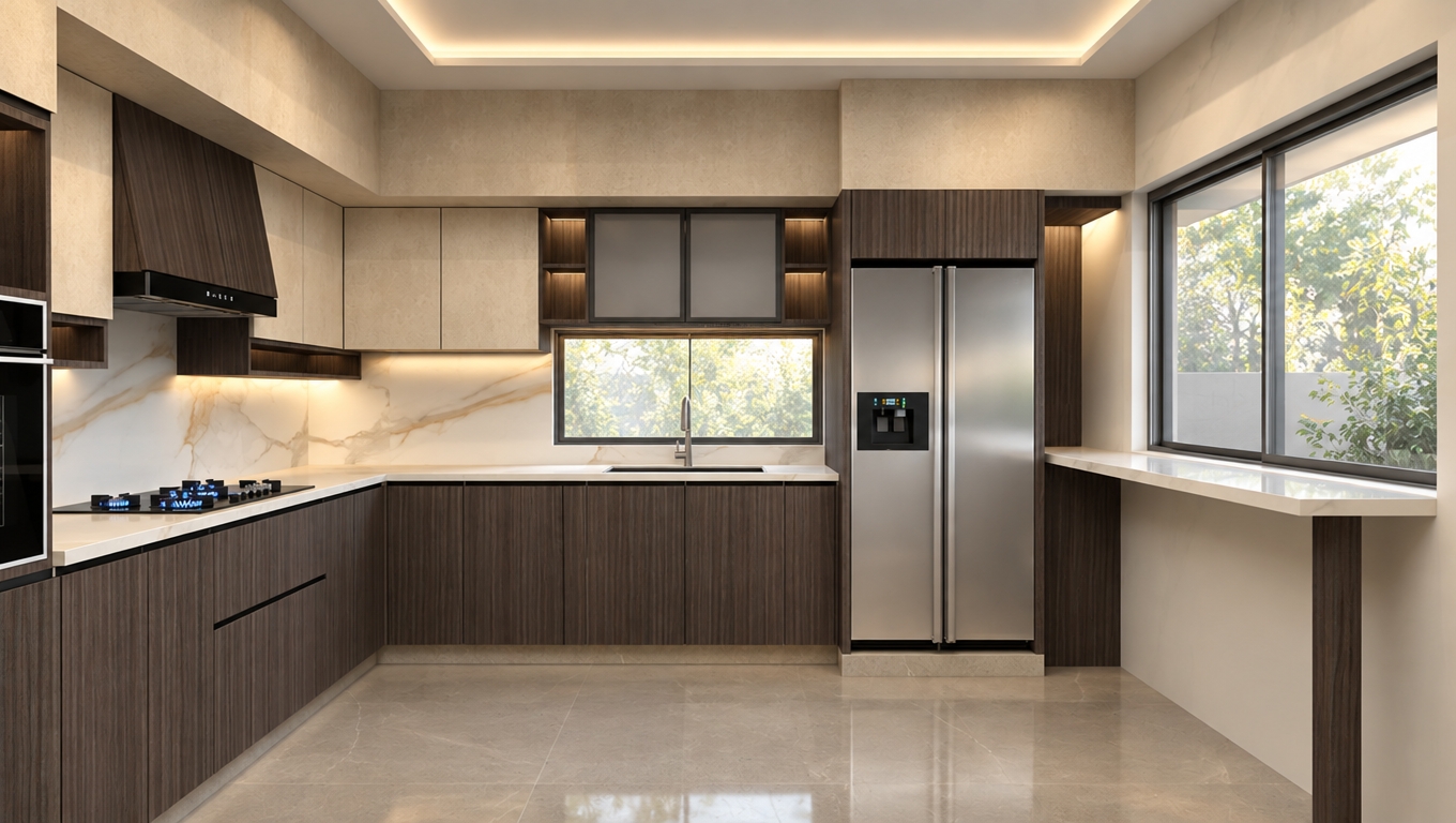 An incredibly lifelike, richly detailed, photorealistic interior perspective of a minimalist kitchen sanctuary. The scene is illuminated by soft, diffused cove lighting and warm ambient tones, creating a serene and zen-inspired atmosphere. Captured with a 24mm wide-angle lens, emphasizing the seamless interplay between rich, vertical-grain dark wood cabinetry and the cool, luxurious veining of polished Calacatta marble backsplashes.

The composition centers on a streamlined, L-shaped workspace where clutter-free countertops meet a professional-grade stainless steel refrigerator. The palette is a sophisticated study in monochromatic elegance, blending deep espresso wood tones with creamy whites and soft, misty grays. Subtle highlights are provided by the cool blue flickering of the gas cooktop and the clean, architectural lines of the floating breakfast bar extending beneath the side window. Every element, from the recessed shelf detailing to the smooth, expansive floor tiles, reflects a refined, functional aesthetic, evocative of a high-end architectural photography book. The overall effect is one of quiet luxury, where form and utility exist in perfect, uncluttered balance.