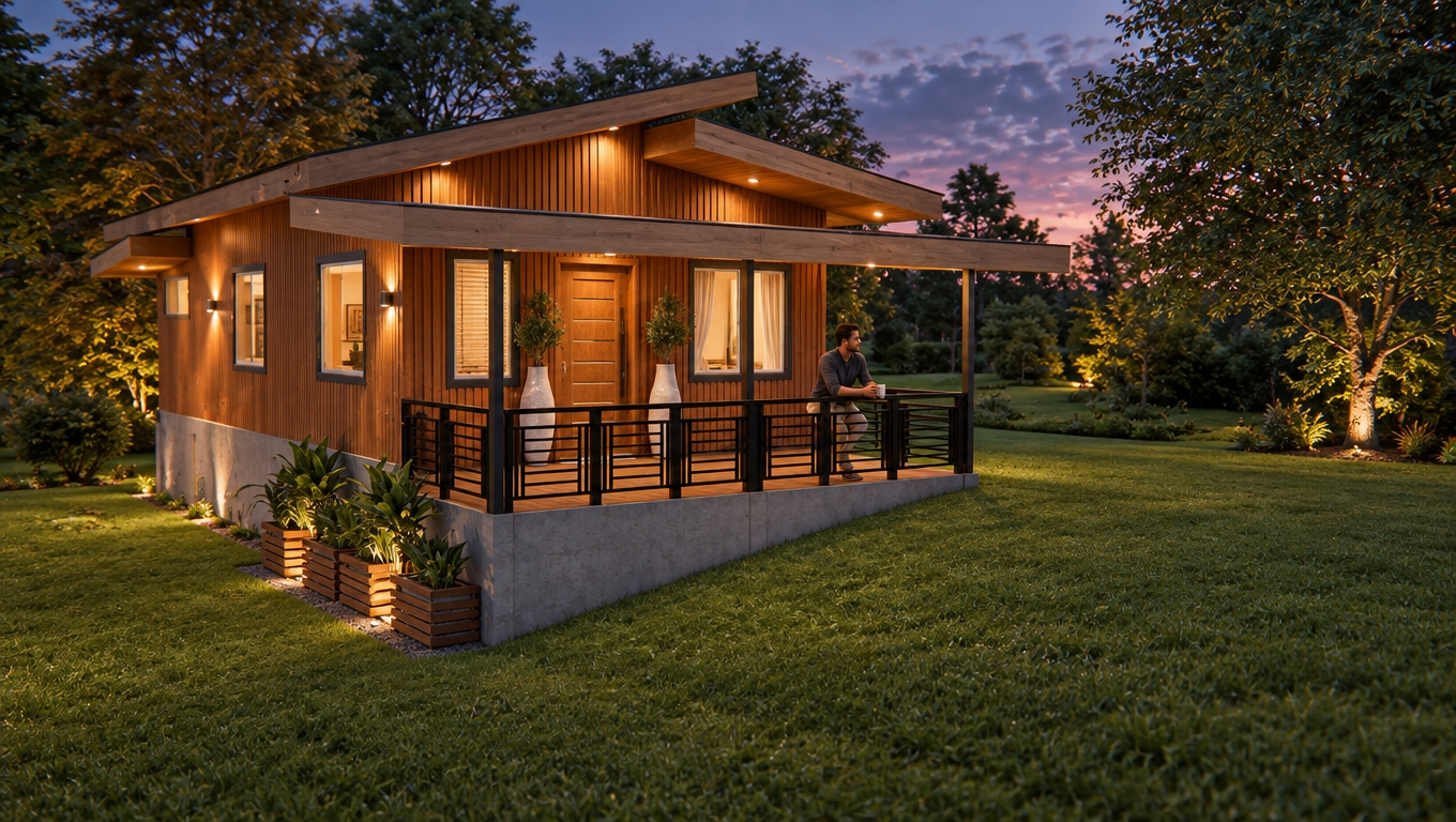 An architectural photograph of the identical home and framing taken during late twilight, featuring warm ambient interior ceiling light glowing through the windows and recessed exterior downlights softly illuminating the porch deck. Refined modern wall sconces mounted to the facade cast gentle accent light along the vertical wood siding, where a casually dressed person leans naturally against the railing. Cool ambient dusk light balances the warm 2700K fixtures, highlighting realistic concrete textures on the foundation, rich wood grain, and natural grass blades with clean architectural sharpness and subtle lens bloom.