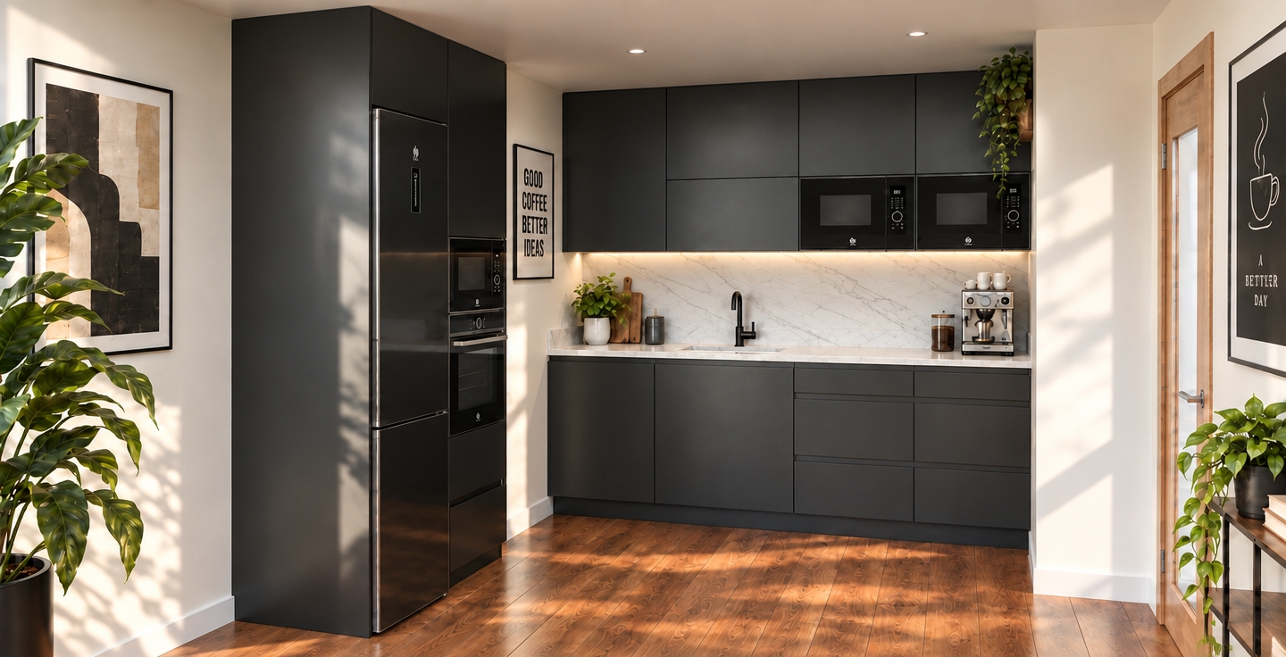 An incredibly lifelike, richly detailed, photorealistic interior shot of a sophisticated modern kitchen set in an airy, open-concept urban home. The scene is illuminated by soft, natural morning light filtering through an adjacent window, creating a warm, dynamic, and inviting atmosphere. Captured with a 35mm wide-angle lens, emphasizing the crisp contrast between the matte charcoal cabinetry and the luminous, veined white marble backsplash.

The kitchen features a sleek, modular design where bold black finishes meet the organic warmth of rich, honey-toned hardwood flooring. A geometric interplay of lines defines the space, balanced by the gentle, organic drape of lush green foliage positioned near a contemporary abstract art piece. Minimal yet impactful decor, such as a high-end stainless steel espresso machine and carefully placed ceramics, sits upon the pristine quartz countertop. The composition feels balanced and curated, with the play of light and shadow—cast by the surrounding greenery—adding depth to the smooth, industrial-inspired surfaces, resulting in a space that feels both highly functional and deeply artistic.