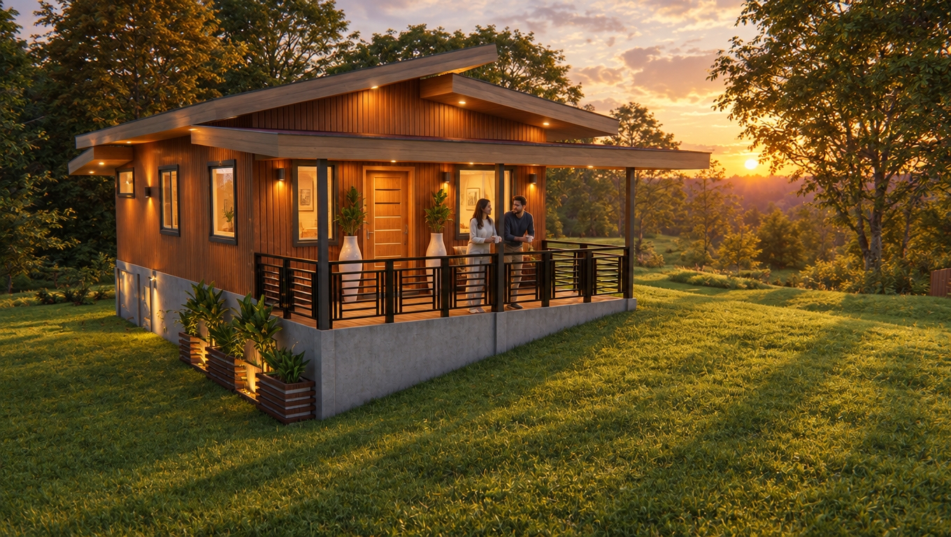An incredibly lifelike, richly detailed, photorealistic wide-angle shot of a minimalist mountain cabin retreat set in a sprawling, lush meadow at golden hour. The scene is illuminated by the soft, honeyed glow of a setting sun, which creates a serene, nostalgic atmosphere while contrasting beautifully with the warm, inviting pools of light emanating from the home’s interior and the crisp, recessed LED spotlights set into the deep eaves and the exterior walls. Captured with a 35mm lens, the rendering emphasizes the vertical timber grain of the cedar siding, the smooth, cool-toned concrete of the raised foundation, and the sharp silhouettes of the black powder-coated railings that enclose the veranda. A young couple is captured in a candid, tranquil moment on the porch, leaning against the railing with coffee mugs in hand, their forms softened by the twilight haze. The landscape is meticulously detailed, with long, painterly shadows stretching across the vibrant, manicured lawn, while the dense forest backdrop is bathed in a twilight purple hue, creating a profound sense of depth and spatial realism. High-end rendering touches include realistic reflections on the window glass, the gentle texture of the potted tropical greenery flanking the entrance, and a slight depth-of-field effect that pulls the eye directly toward the glowing heart of the home, portraying a perfect sanctuary for summer living.
