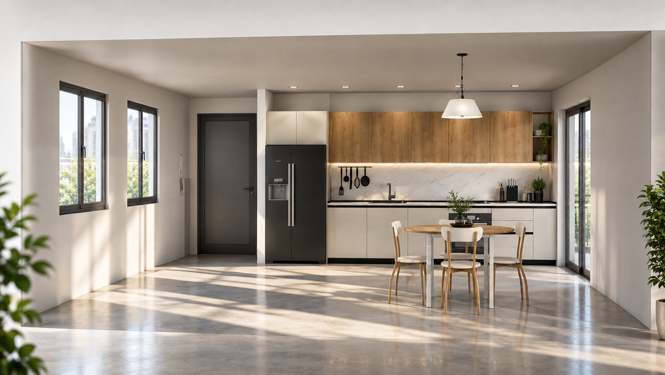 An incredibly lifelike, richly detailed, photorealistic interior shot of a modern fusion kitchen set in an airy, sun-drenched urban apartment during a bright spring midday. The scene is illuminated by crisp, natural light streaming through the dual windows, casting elongated shadows that highlight the geometric precision of the space, creating a serene yet dynamic atmosphere. Captured with a 35mm lens, the image emphasizes the rich texture of the warm, grain-matched wooden upper cabinetry contrasted against the matte black finish of the floor-to-ceiling refrigerator. 

The composition anchors the space with a sleek, circular dining table surrounded by contemporary chairs, sitting harmoniously against a pristine white marble backsplash with subtle grey veining. Minimalist, industrial-inspired accents—such as a series of slim, black-handled cooking utensils suspended on a rail and a single, architectural pendant light—provide a clean, functional focal point. Smooth, high-end finishes define the surfaces, while a touch of lush greenery peeking from the periphery brings a vibrant, organic life to the otherwise monochromatic palette of black, white, and soft oak. The perspective is perfectly balanced, offering a clean, open-concept view that celebrates the sophisticated interplay between raw industrial edges and refined, modular elegance.