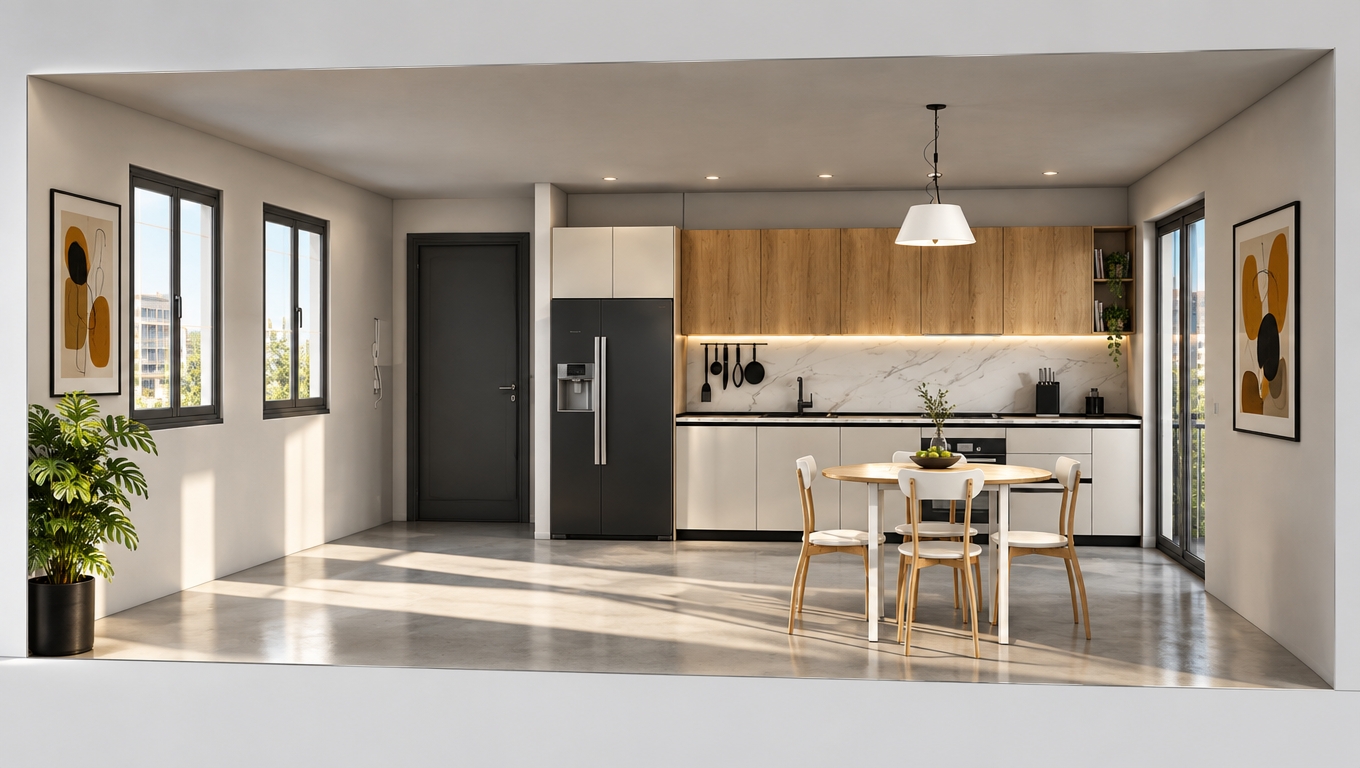 An incredibly lifelike, richly detailed, photorealistic interior shot of a modern fusion kitchen set in an urban loft during a crisp spring midday. The scene is illuminated by soft, natural light streaming through the dual windows, creating a bright, airy, and inviting atmosphere that highlights the interplay between sleek black accents, warm oak-toned cabinetry, and crisp white surfaces. Captured with a 35mm lens, emphasizing the fine grain of the natural wood textures against the polished white marble backsplash and the matte finish of the geometric cabinetry, this rendering feels like a page from a high-end architecture photography book. The composition centers on a streamlined modular kitchen island integrated with an elegant circular dining table, surrounded by minimalist chairs that evoke a clean, contemporary aesthetic. The space is adorned with carefully placed abstract wall art that balances the color palette of charcoal, white, and vibrant ochre accents, while a touch of lush greenery sits near the frame’s edge, breathing life into the industrial-inspired architecture. Metallic fixtures glisten under the pendant lighting, and the depth of field draws the eye from the smooth, expansive flooring to the high-contrast functionality of the integrated refrigerator, culminating in an open-concept living space that feels both bold and perfectly curated.