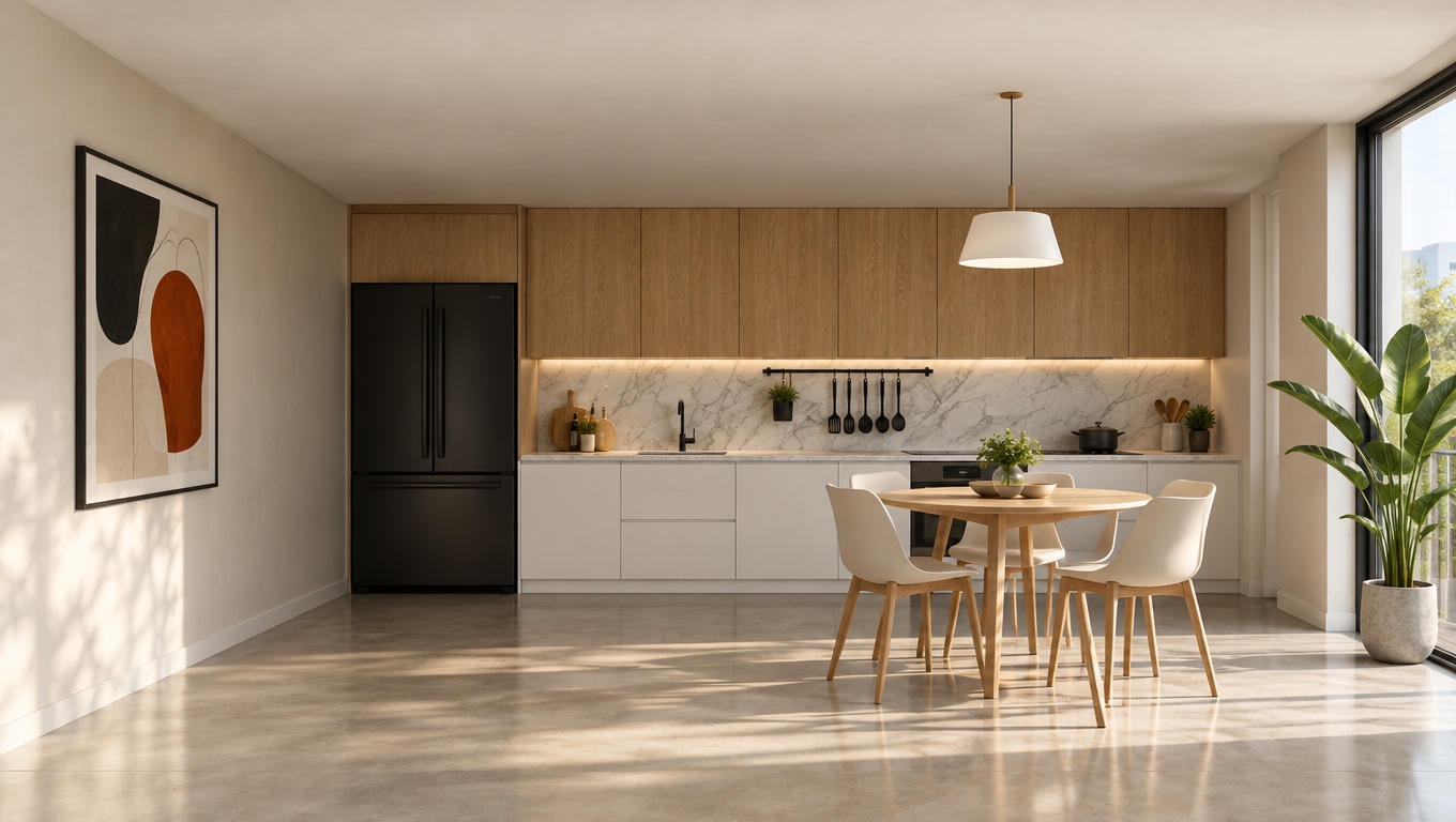 An incredibly lifelike, richly detailed, photorealistic interior shot of a modern fusion kitchen set in an airy, sun-drenched apartment during a crisp spring midday. The scene is illuminated by soft, natural light streaming through the side windows, creating a bright, optimistic, and welcoming atmosphere. Captured with a 35mm wide-angle lens, emphasizing the clean lines of the cabinetry and the tactile contrast between the smooth surfaces and natural textures.

The kitchen design is a masterclass in modern, open-concept living. The cabinetry features a sophisticated mix of warm, light-toned oak wood grain uppers and sleek, matte-white lower units, providing a balanced, contemporary aesthetic. A bold, industrial-inspired black refrigerator anchors the left side of the unit, creating a sharp, geometric focal point that draws the eye. The backsplash is composed of high-end Carrara marble, its subtle grey veining adding an element of timeless elegance that complements the minimalist vibe. 

In the foreground, a stylish circular dining table with light wooden legs serves as the heart of the space, surrounded by four ergonomic, cream-colored chairs that invite conversation. Above the dining area, a singular, oversized pendant light with a crisp white drum shade provides a sculptural, mid-century touch. A sleek black rod mounted under the cabinetry displays a curated selection of matte-black kitchen utensils, adding a layer of functional, industrial character.

To the left, the walls are adorned with minimalist, abstract wall art in shades of monochrome, punctuated by vibrant, deep-hued accents that draw from the spring landscape outside. Beside the large glass doorway on the far right, a tall, lush potted plant with broad, deep green leaves adds a vital touch of nature, softening the architectural geometry and breathing life into the space. The floor is finished in a smooth, polished concrete-effect tile, reflecting the diffuse daylight and reinforcing the clean, urban sensibility of the room. Every element, from the refined hardware on the cabinets to the thoughtful placement of the decor, exudes a sense of curated, high-end simplicity.