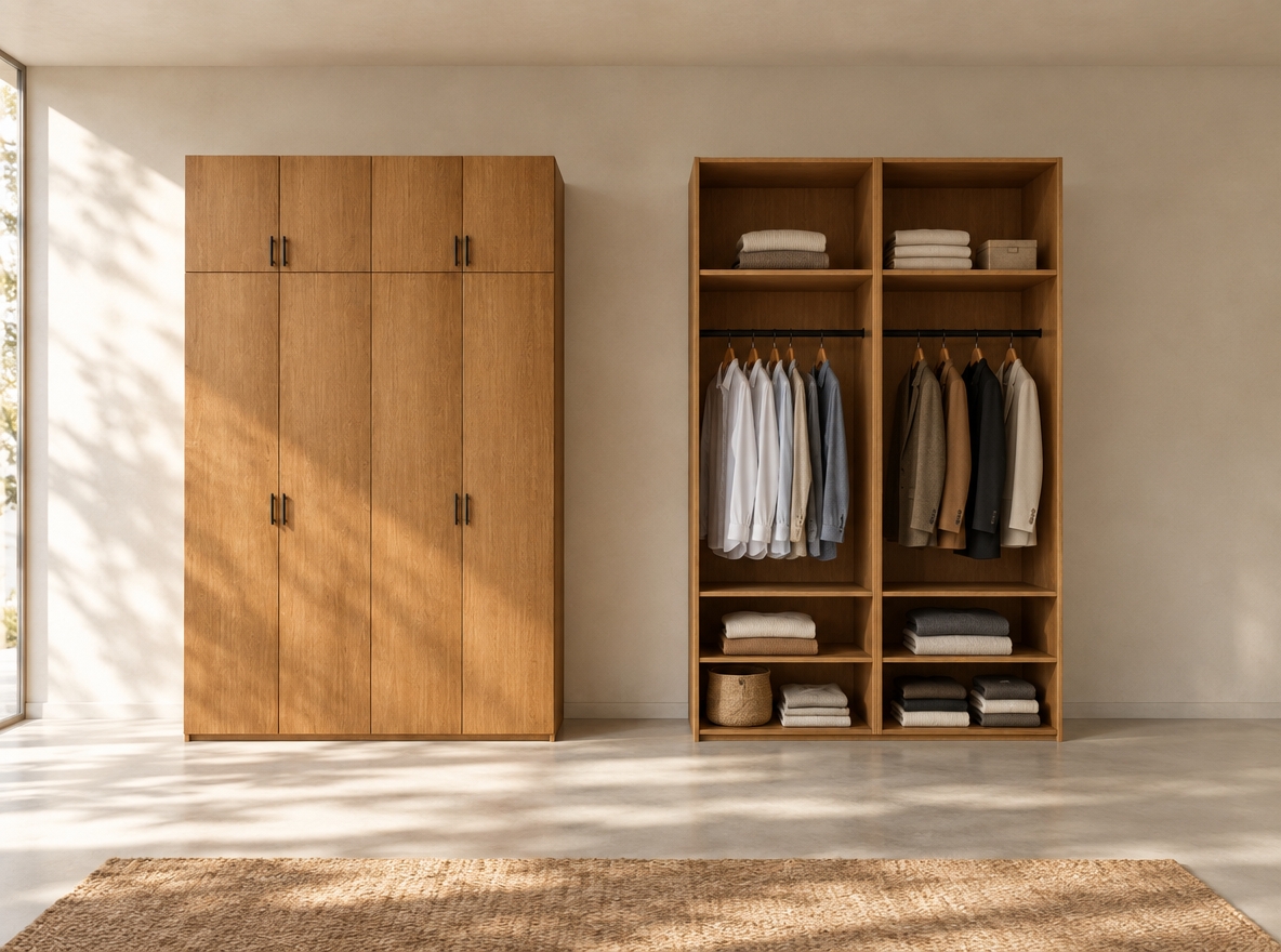 An incredibly lifelike, richly detailed, photorealistic studio shot of a bespoke MDF wood-grain wardrobe set in a sun-drenched, minimalist walk-in closet. The scene is illuminated by soft, natural midday summer light, creating a crisp and airy atmosphere that highlights the warm, organic textures of the timber. Captured with a 35mm lens, the focus emphasizes the intricate wood-grain patterns and the sleek, matte black hardware of the closed unit. Within the open shelving, neatly folded stacks of linen and soft knitwear occupy the lower tiers, while a curated selection of button-down shirts and tailored jackets hangs precisely from the matte black rails, adding a lived-in yet curated elegance to the minimalist design. The composition is balanced and serene, showcasing the seamless transition between closed storage and open display, with deep, soft shadows providing subtle depth that breathes life into this contemporary sanctuary.