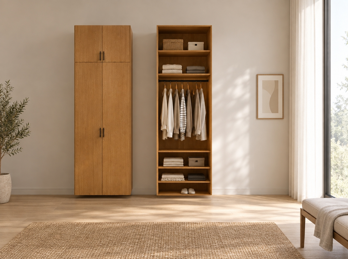 An incredibly lifelike, richly detailed, photorealistic studio shot of a bespoke MDF wardrobe system set in a serene, minimalist walk-in closet. The scene is illuminated by soft, diffused midday summer light, creating a crisp and airy atmosphere. Captured with a 50mm lens, emphasizing the fine, warm grain of the oak-toned MDF and the tactile precision of the minimalist matte-black hardware. The wardrobe features a clean, dual-unit configuration: one section is fully enclosed with sleek, floor-to-ceiling cabinetry, while its twin stands open, revealing a meticulously organized interior. Inside, a curated selection of light, seasonal garments hangs gracefully from a slim rod, while the lower shelves are neatly stacked with folded linens and accessories, all casting soft, natural shadows that emphasize the depth and high-end joinery of this functional, modern sanctuary.