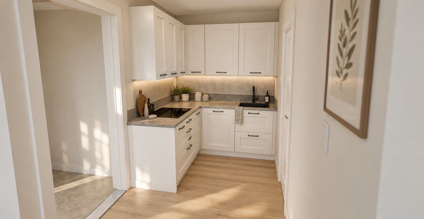 A realistic architectural interior photograph of the exact compact kitchen scene, capturing matte white framed shaker cabinets accented by centered antique silver handles and a honed Ascale Gris Cardoso gray stone countertop. Soft, warm under-cabinet LED task lighting illuminates the work surfaces, complemented by ambient daylight that casts gentle, natural shadows across the pale wood plank flooring. Subtle kitchen styling includes small potted green culinary herbs by the sink, minimal ceramic tableware, and delicate reflections across the black ceramic cooktop and dark faucet. Photographed with a sharp wide-angle lens, balanced natural exposure, rich surface micro-textures, and fine shadow gradations for an authentic, lived-in realism.