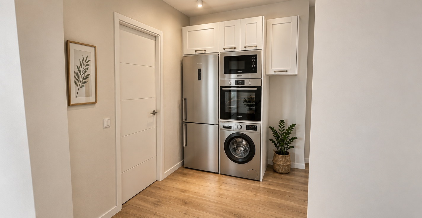 A realistic interior photograph capturing the exact layout, geometry, and wide-angle perspective of the scene, illuminated by warm, natural ambient light and soft recessed ceiling illumination. The upper cabinets are rendered in crisp semi-matte white framed shaker profiles with centered antique silver hardware, complementing the brushed stainless steel finishes of the refrigerator and the stacked microwave, oven, and washing machine tower. The light wood plank floor displays delicate grain and subtle reflections, while the smooth neutral walls feature soft contact shadows. Tasteful micro-details include realistic reflections across the appliance glass, a subtle potted green plant accent, and fine surface textures captured with natural depth of field and authentic photographic clarity.