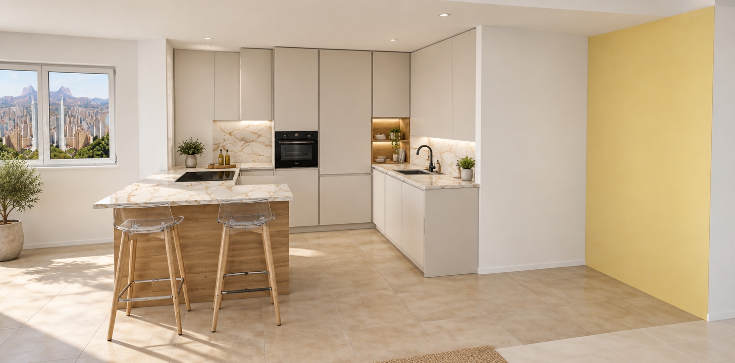 An architectural interior photograph of the modern kitchen, capturing the exact layout, geometry, and wide-angle perspective under bright, natural daylight streaming through the window. Render all surfaces with precise material physics, featuring polished white marble countertops with warm veining, realistic light refraction on the clear acrylic barstool seats, natural wood grain on the island and shelving niche, and smooth matte finishes on the pale flat-panel cabinetry. The floor is composed of matte sand-toned ceramic tiles with crisp, subtle grout seams. Soft ambient fill light balances the scene across the clean white walls and pastel yellow accent partition, captured with sharp focus, gentle shadow falloff, and subtle sensor grain for a true-to-life photographic finish.
