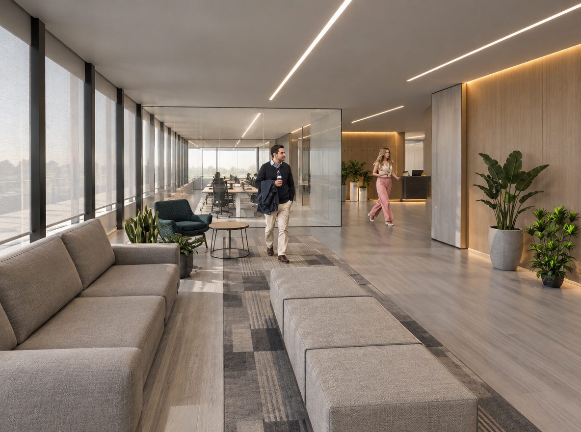 An incredibly lifelike, richly detailed, photorealistic interior perspective of a modern executive office suite set in a professional corporate environment. The scene is illuminated by sleek, recessed linear LED channels that streak across the light-gray gypsum ceiling, casting a soft, diffuse glow that creates a sophisticated and productive atmosphere. Captured with a 35mm wide-angle lens, the composition emphasizes the clean lines of the space, featuring elegant light-wood executive desks arranged in modular clusters separated by floor-to-ceiling translucent glass partitions that provide both privacy and an airy, open-plan feel. The flooring consists of high-end, light-gray wood-look vinyl planks, grounding the space, while the walls are finished in a calming, warm greige tone. Subtle indirect LED backlighting emanates from the wood accent elements, adding depth to the room. The space is softened by lush, vibrant indoor greenery placed strategically to enhance the modern-fusion aesthetic. In the background, a dedicated service counter is integrated as a minimalist public reception area, complete with clean surfaces and professional detailing, all brought together by a harmonious, high-end office design.