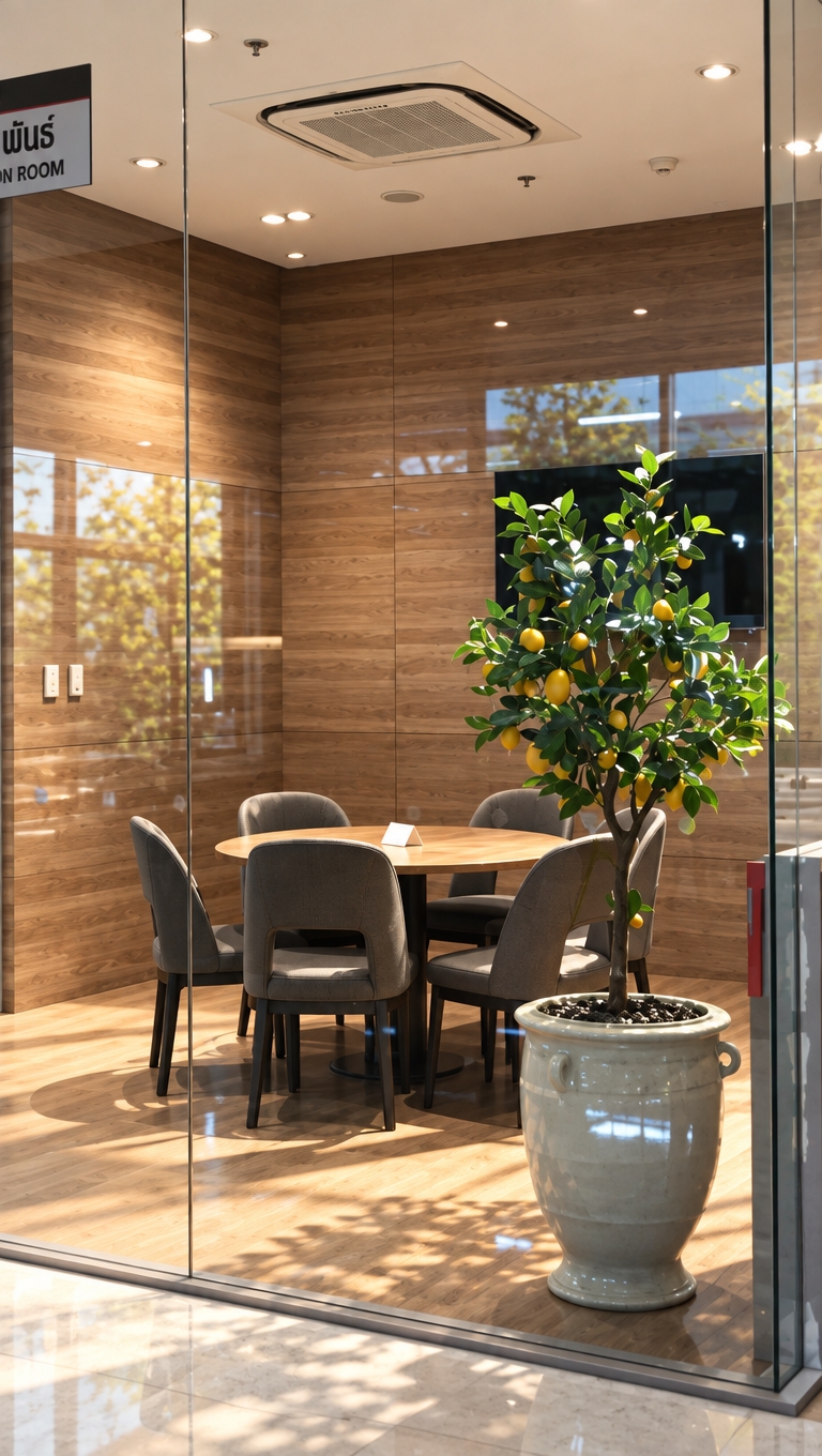 A crisp, photorealistic eye-level photograph captured through the glass partition during a bright summer midday, preserving the exact layout, geometry, and composition of the meeting room. Warm daylight infuses the space, creating subtle natural reflections and faint glare across the clean glass panel while accentuating the grain of the wood-paneled walls. The foreground lemon tree displays rich, waxy green leaves and vibrant yellow fruit seated in a high-gloss ceramic urn with authentic specular highlights. Finely textured upholstery on the chairs, a smooth matte finish on the round wooden table, realistic ceiling recessed lighting, faint optical vignetting, and gentle 35mm film grain ground the scene in believable, everyday reality.