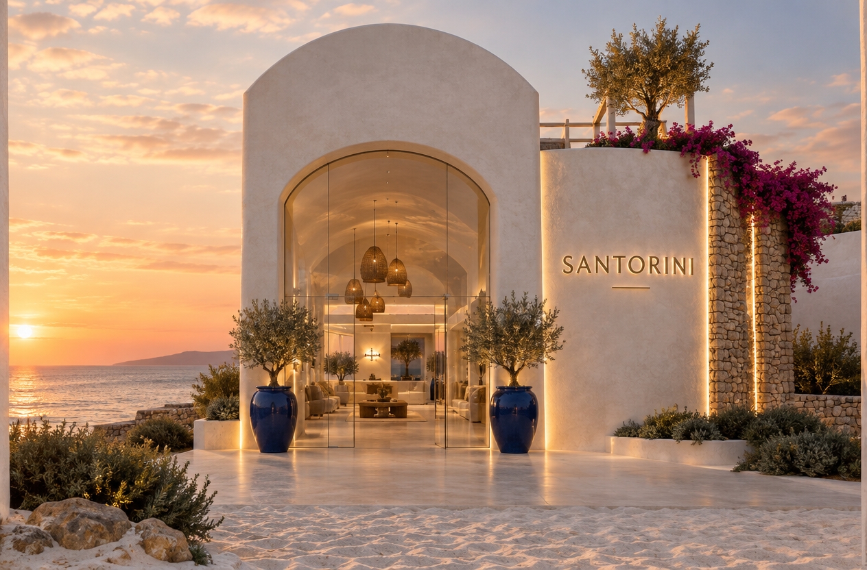 An incredibly lifelike, richly detailed, photorealistic wide-angle shot of a boutique beachside hotel lobby set in a tranquil, sun-drenched coastal retreat. The scene is illuminated by the golden, diffused glow of a Mediterranean sunset, creating a serene and sophisticated atmosphere. Captured with a Phase One XF, 35mm lens, emphasizing the crisp contrast between the rugged, hand-laid limestone masonry and the sleek, polished azure accents.

The architecture evolves the traditional Santorini vernacular into a contemporary masterpiece. While retaining the iconic arched silhouette, the facade now features a frameless, floor-to-ceiling structural glass curtain wall that seamlessly merges the interior lobby with the pristine white sands. The white stucco walls have been refined with a smoother, mineral-based micro-cement finish, catching the late-afternoon light with subtle, organic texture. 

The integration of modern design is highlighted by recessed, linear LED channels that run vertically along the stone columns, casting a warm, dramatic wash of light that highlights the dry-stack stone texture. The signature bougainvillea has been curated into a sophisticated architectural planter box, creating a vivid fuchsia pop against the stark white and deep Mediterranean blue accents. 

Inside, the lobby reveals a minimalist, high-end interior. Woven rattan pendants hang at varying heights, casting soft, intricate shadows against the vaulted ceiling. The transition from the exterior sand to the polished, light-sand-toned stone flooring is nearly invisible, emphasizing the "indoor-outdoor" flow essential for a high-end desert-beach retreat. 

The composition is perfectly symmetrical, balancing the bold "SANTORINI" signage—now rendered in backlit, brushed-gold 3D lettering—with the refined landscaping of sculptural olive trees in oversized cobalt-glazed ceramic pots. The foreground features a gentle drift of white sand, subtly textured by the coastal breeze, while the depth of field draws the eye from the intricate foreground foliage directly into the welcoming, warmly lit heart of the hotel lobby, creating a sense of invitation and exclusive tranquility.
