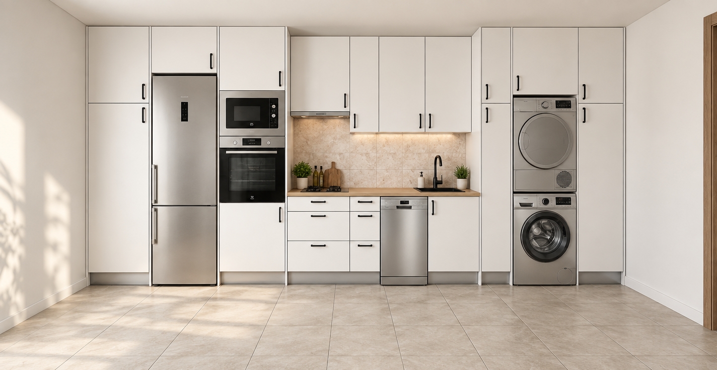 A eye-level, straight-on architectural photograph captures the kitchen bathed in soft, natural daylight, preserving the exact layout, cabinetry, and tilework. In the right-hand opening, a front-loading tumble dryer is neatly stacked directly above the washing machine with the separating counter removed. Crisp matte white cabinet doors with sleek black handles complement the warm light-wood countertop, pale beige ceramic backsplash, and large floor tiles. Brushed stainless steel surfaces on the refrigerator, integrated oven, microwave, and dishwasher display realistic anisotropic reflections, while tasteful, minimal countertop decor and realistic diffuse ambient shadows anchor the scene as an authentic, beautifully lit interior photograph.