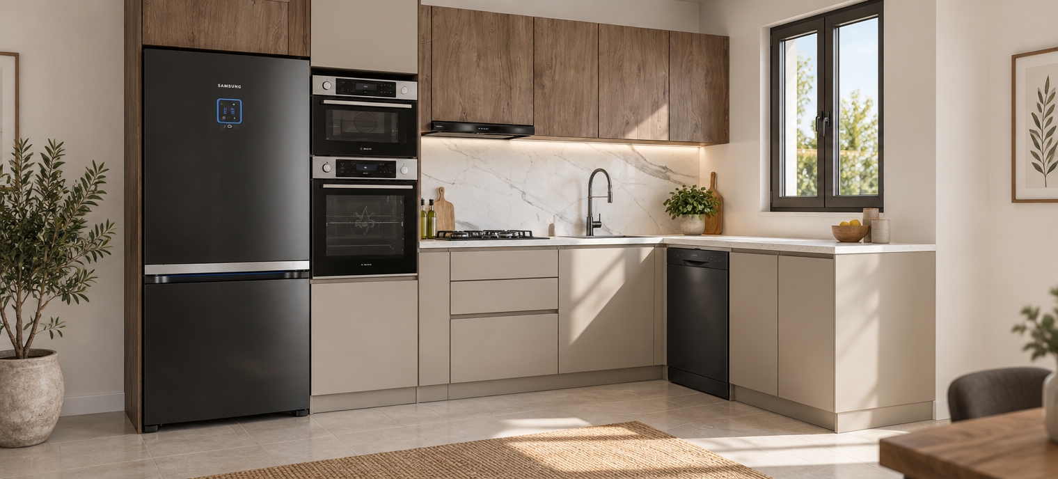 An architectural photograph capturing the exact kitchen layout illuminated by bright, clear spring midday daylight streaming through the side window. Natural 5500K sunlight casts crisp, gentle shadows across the matte light-taupe cabinetry, white-veined marble backsplash, and rich natural wood grain of the upper cabinets. The black appliance finishes feature realistic specular highlights, delicate reflections, and subtle surface micro-textures. Rendered with clean architectural perspective, balanced exposure, and natural depth of field, the final image replaces all dimension lines with pure photorealistic textures and authentic interior lighting.