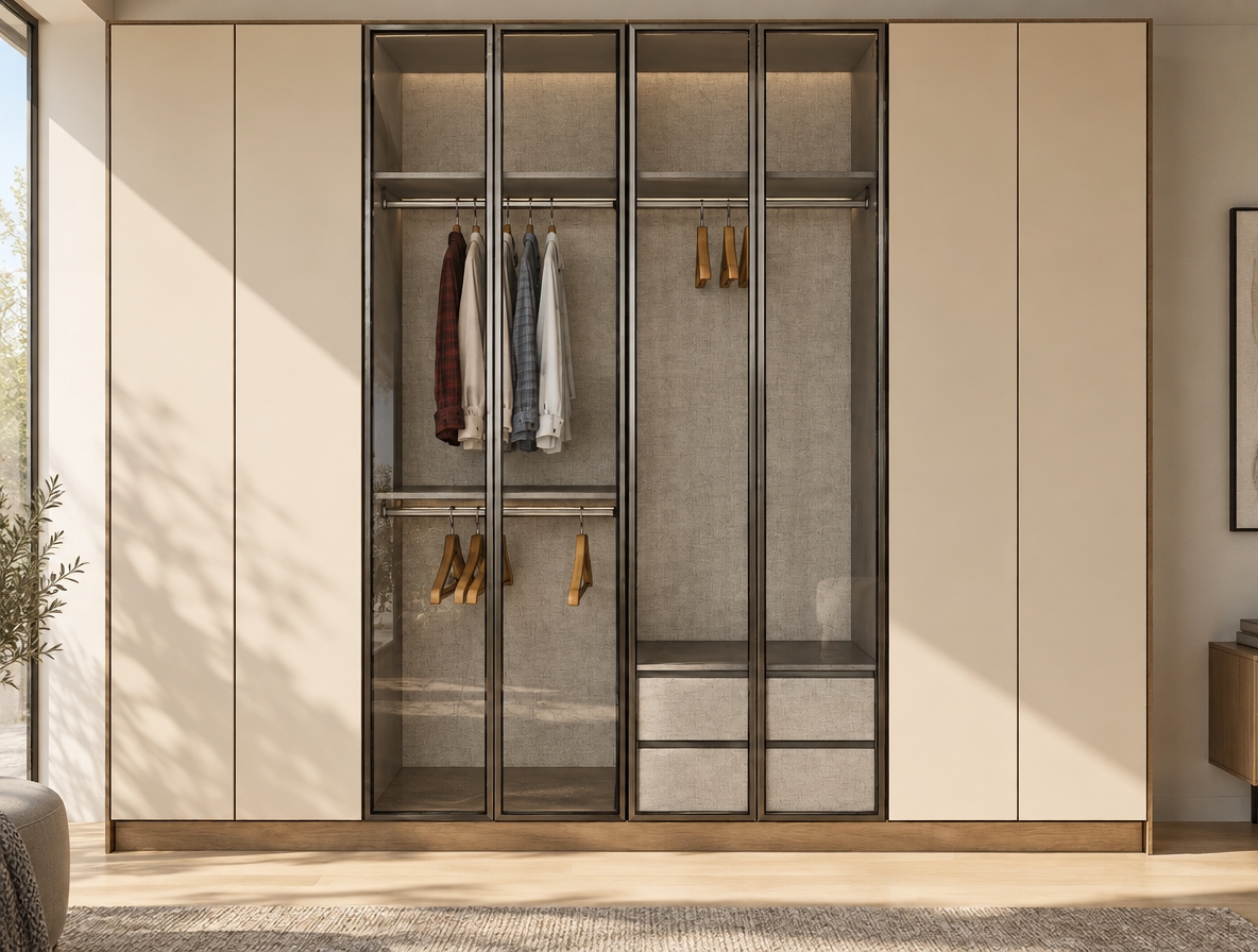 A crisp architectural photograph of the wardrobe unit bathed in bright, clear midday spring sunlight. The outer beige panels display a smooth, ultra-matte lacquered finish, while the central glass doors feature subtle ambient reflections and slim, brushed dark metal frames. Inside, the textured fabric-look interior lining, realistic cotton and flannel weaves of the hanging shirts, smooth wooden hangers, and polished metal hanging rods are captured with tactile micro-textures. Captured straight-on at eye level with a 50mm lens, sharp focus across all planes, clean natural light creating gentle ambient occlusion, faint depth in shadow areas, and delicate, lifelike imperfections like microscopic dust specks and minimal lens vignetting.