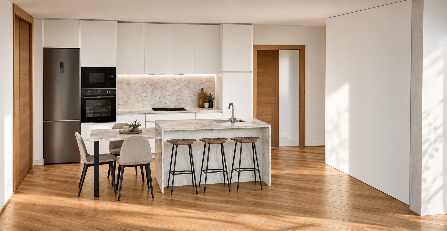 A crisp interior architectural photograph capturing the exact kitchen layout, utilizing soft, natural daylight diffused across the room with subtle under-cabinet ambient glow. The camera preserves the exact framing and wide-angle perspective, rendering the matte white cabinetry, subtle veining in the polished marble countertops and backsplash, natural warm grain on the oak wood flooring and doors, brushed dark metal on the refrigerator and built-in ovens, and fine upholstery textures on the island barstools and dining chairs with authentic physical reflections, delicate ambient occlusion, and subtle photographic lens warmth.