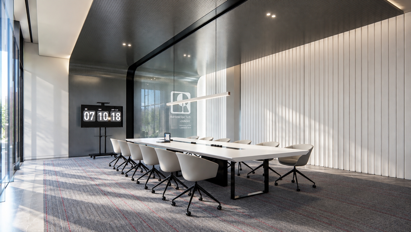 An incredibly lifelike, richly detailed, photorealistic interior perspective of a high-end corporate meeting room set in a minimalist haven. The scene is illuminated by soft, diffused midday light streaming through floor-to-ceiling glass, creating a serene and professional atmosphere. Captured with a 24mm wide-angle lens, emphasizing the crisp contrast between the matte charcoal perforated metal ceiling and the rhythmic, vertical white acoustic paneling.

The centerpiece is a sleek, monolithic white conference table supported by a matte black geometric frame, surrounded by ergonomically sculpted light grey swivel chairs that catch the subtle ambient glow. The floor is lined with high-density charcoal carpeting, featuring delicate, vibrant red pinstripes that draw the eye toward the "Rainbow Dye Tech Lounge" frosted glass partition. A slim, linear LED pendant light hovers perfectly above the table, while the minimalist digital flip-clock display provides a sharp, tech-forward focal point. The depth of field is expertly managed, casting soft, realistic shadows beneath the furniture and creating a sense of pristine, architectural precision that highlights the harmony between industrial texture and minimalist comfort.