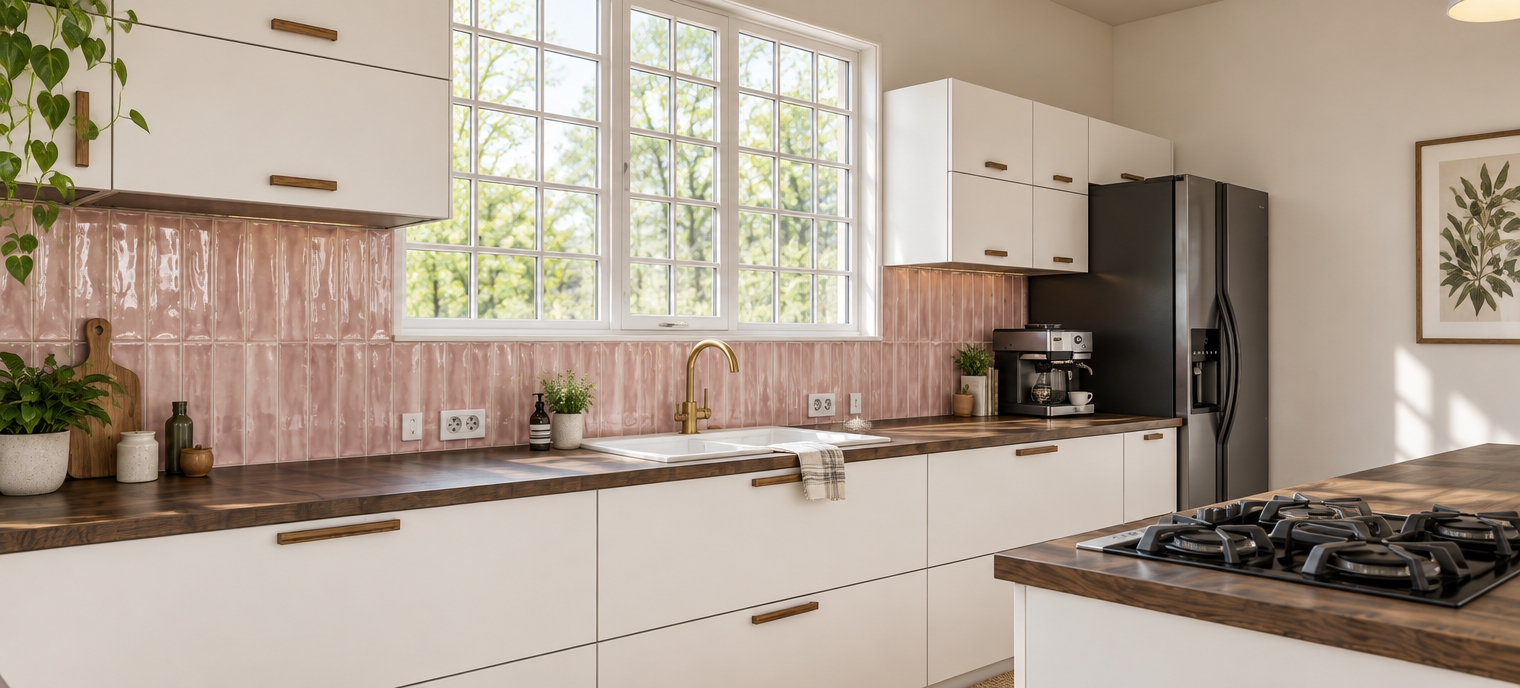 A photorealistic interior photograph of the kitchen taken on a bright spring midday, illuminated by soft, diffused natural daylight pouring through the large multi-pane window. The scene maintains the exact composition and layout, featuring matte white cabinetry with warm wooden pull handles, a rich dark wood grain countertop, and glossy, vertical pale-pink ceramic backsplash tiles with subtle reflections. The brass gooseneck faucet, white sink basin, countertop coffee machine, and black double-door refrigerator show realistic material finishes with delicate specular highlights. Captured with a 35mm architectural lens, sharp depth of field, balanced natural contrast, and authentic ambient room light.