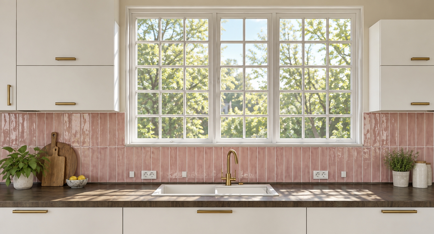 Straight-on architectural photograph of the kitchen lit by bright, natural midday spring sunlight pouring through the multi-pane grid window. The vertical pink glazed backsplash tiles display a subtle glossy sheen and delicate grout lines, while the dark countertop reveals authentic fine wood grain textures. Crisp, natural daylight casts soft directional shadows beneath the brushed brass gooseneck faucet, sink basin, and matte white cabinetry. Captured with a 50mm lens at f/8, featuring true-to-life material reflections, neutral daylight temperature, and clean architectural clarity.