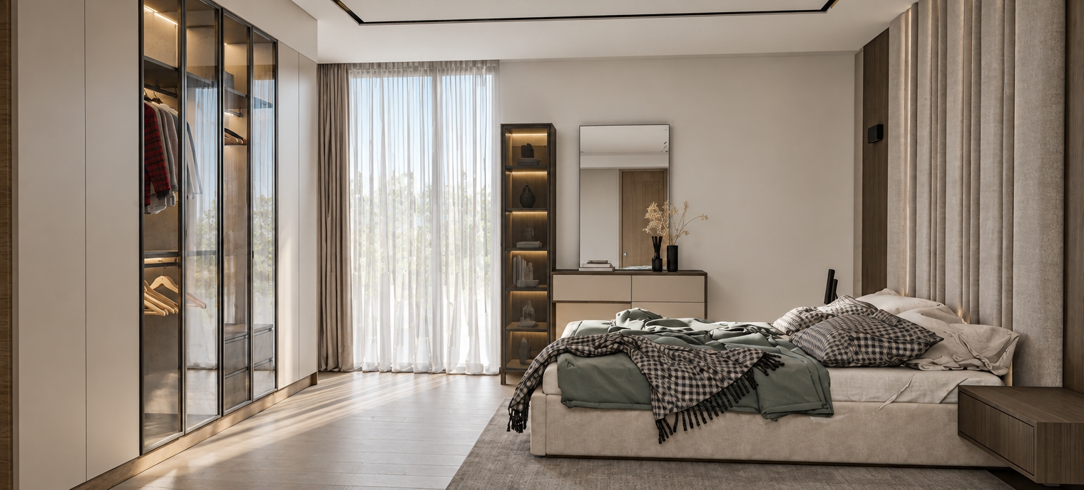 A photorealistic interior photograph of the modern bedroom captured with a wide 24mm lens during a bright spring midday. Soft, high-key natural daylight filters gently through the translucent sheer curtains, bathing the room in a crisp 5500K neutral light with subtle contact shadows. Crisp reflections accent the glass wardrobe doors and vanity mirror, while realistic micro-textures define the woven fabrics of the rumpled bed linens, the fluted upholstered feature wall, smooth matte cabinetry, and plush carpeting under subtle, natural lens vignetting.