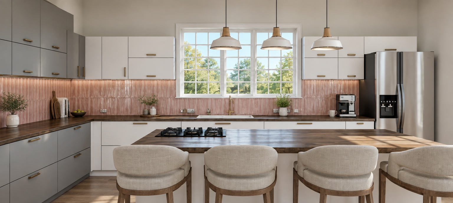 A crisp, photorealistic eye-level interior photograph of the kitchen during a bright summer midday, maintaining the exact geometry and layout. Natural high-noon daylight streams through the central gridded window, casting authentic soft shadows across the dark wood countertops and island. The pink vertical tile backsplash shows realistic ceramic glaze and subtle gloss reflections. Flat-panel cabinetry in matte grey and white is detailed with fine seams and brushed metal handles, while the fabric barstools feature realistic woven micro-textures. Shot with a sharp architectural lens, balancing vibrant exterior daylight with natural interior ambient illumination and true-to-life surface physics.
