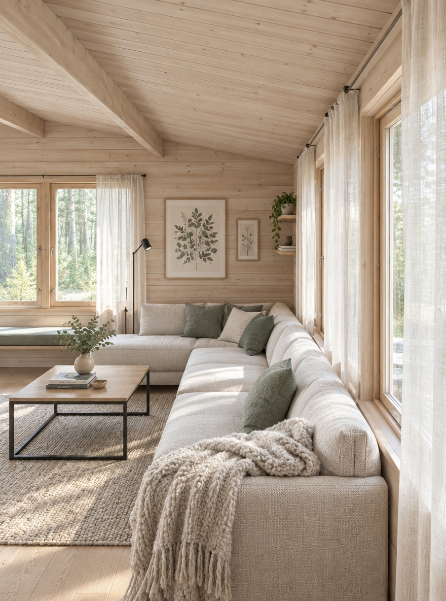 An incredibly lifelike, richly detailed, photorealistic wide-angle interior shot of a transformed Scandinavian sanctuary living room set in a secluded boreal forest retreat. The scene is illuminated by soft, diffused morning daylight pouring through expansive minimalist windows, creating a tranquil, serene, and hygge-inspired atmosphere. Captured with a high-resolution 24mm f/2.8 prime lens, emphasizing the tactile textures of pale ash wood grains, cozy bouclé upholstery, and brushed matte black metal accents.

The heavy, amber timber walls have been revitalized with an airy, whitewashed Scandinavian pine finish, harmonizing effortlessly with the sloped ceiling and light-oak plank flooring. In place of the cluttered corner, a tailored low-profile sectional dressed in textured ivory linen and muted sage green cushions invites quiet contemplation, layered with a plush, high-pile Nordic wool throw. Beside it, a sleek, slender black metal and oak coffee table showcases a curated hardcover photography book and a minimalist ceramic vase holding delicate eucalyptus clippings. Elegant, framed botanical art rests against the pale wood walls, while sheer linen drapes frame unobstructed views of the verdant forest exterior, delivering a clean, organic, and beautifully balanced sanctuary.