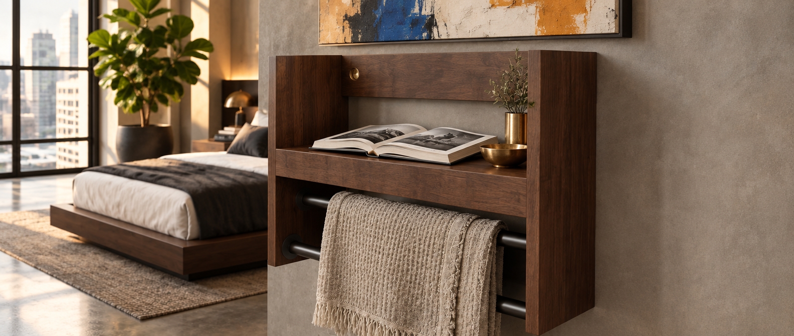 An incredibly lifelike, richly detailed, photorealistic eye-level interior shot of a modern fusion bedroom set in a luxury urban loft. The scene is illuminated by diffused late-afternoon daylight pouring through floor-to-ceiling industrial steel-framed windows and balanced by warm, recessed ambient LED backlighting, creating a sophisticated and tranquil atmosphere. Captured with a 35mm architectural lens, emphasizing rich smoked-oak grain, brushed matte-black metal, and tactile linen textures. 

Reimagining the original wooden shelf into a sleek, modular geometric wall installation, the unit now pairs dark walnut cabinetry with slim gunmetal hanging rods that neatly hold a folded cashmere waffle throw. Resting on the display tier, a hardbound monochrome photography book lies open beside subtle brass decor, while the micro-cement wall behind features bold, high-contrast abstract canvas art with striking ochre and cobalt accents. Beyond the feature wall, the open-concept room expands to reveal a low-profile platform bed dressed in crisp white and charcoal bedding, counterbalanced by a lush potted fiddle-leaf fig that breathes vibrant life into the clean, industrial-contemporary aesthetic.