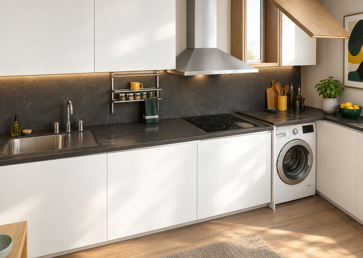 An incredibly lifelike, richly detailed, photorealistic interior shot of a modern fusion kitchen set in a bright, airy urban apartment during a crisp spring morning. The scene is illuminated by soft, natural daylight streaming in from an unseen window, creating a clean, invigorating atmosphere. Captured with a 35mm wide-angle lens, emphasizing the crisp contrast between matte white cabinetry, deep black charcoal countertops, and warm oak accents.

The composition centers on a seamless, handleless kitchen run where a sleek induction cooktop sits flush against the dark, honed stone surface. To the left, a polished chrome faucet rises above an integrated sink, while a minimalist metallic drying rack adds a touch of industrial utility to the backsplash. A high-efficiency washer is neatly tucked beneath the cantilevered counter, maintaining the room's geometric precision. The aesthetic is elevated by vibrant yellow and emerald green kitchen accessories that pop against the monochromatic palette, while a curated piece of abstract wall art hangs nearby, echoing the bold, contemporary theme. A small, lush potted herb garden sits on the edge of the workspace, introducing organic texture and a breath of spring life to the otherwise sharp, refined architecture.