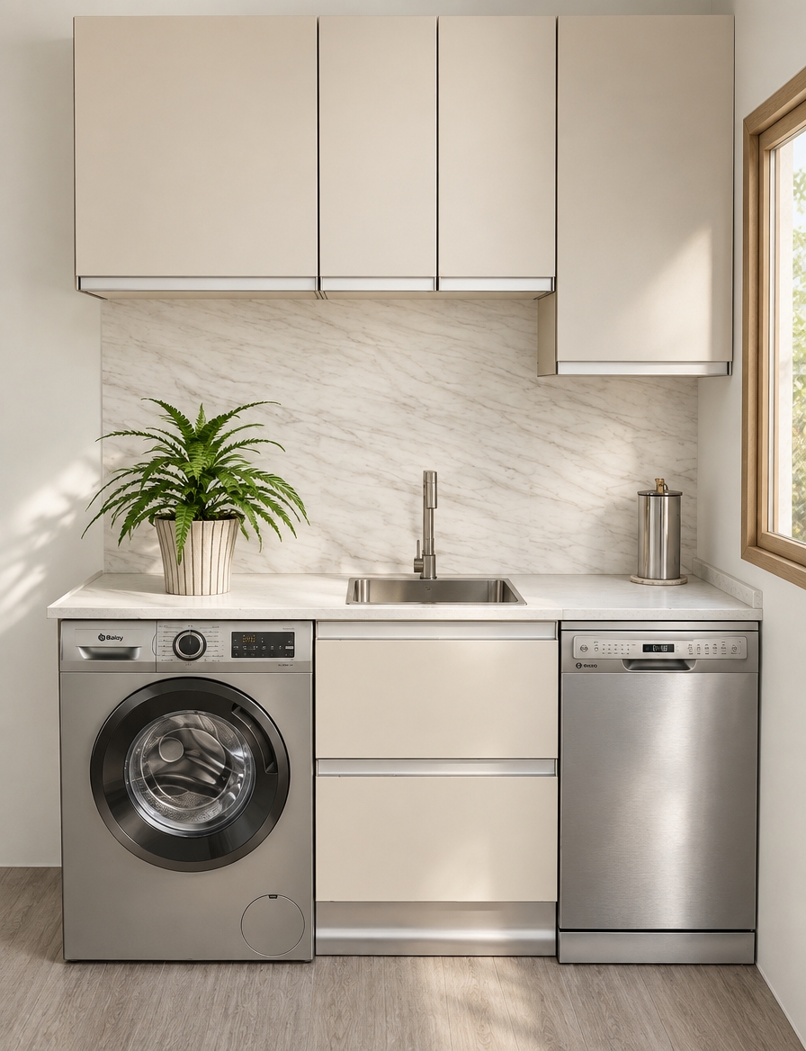 An incredibly lifelike, richly detailed, photorealistic eye-level interior shot of a bespoke laundry and kitchen nook set in a tranquil Scandinavian sanctuary. The scene is illuminated by soft, diffused morning light filtering in from the side, creating a serene, minimalist atmosphere. Captured with a 35mm lens, emphasizing the smooth matte finish of the cream-toned cabinetry against the subtle, vein-rich texture of the white marble backsplash.

The composition highlights a perfect marriage of utility and style; a sleek, grey front-loading washing machine sits flush beside a central storage module and a brushed stainless steel dishwasher. Above, handleless, seamless wall cabinets stretch upward, adding a sense of verticality, while a lush, vibrant green plant in a ribbed ceramic pot introduces an organic element to the crisp, white-washed space. The floor features a warm, light-grey wood grain finish, grounding the area in natural materials. The meticulous alignment of the metallic faucet and the clean, geometric lines of the appliances evoke a sense of quiet order, perfectly capturing the essence of modern, functional Scandinavian design.