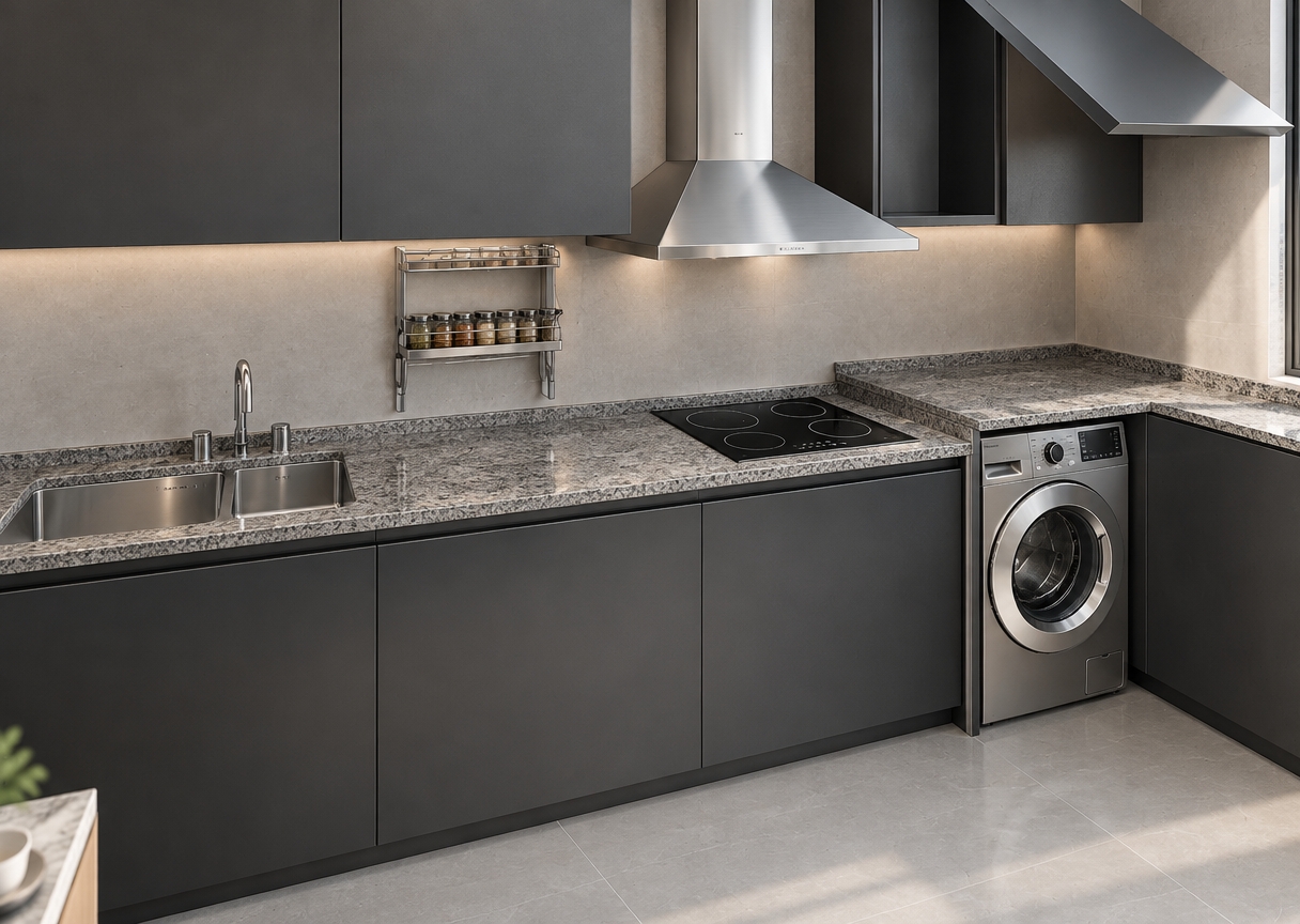 An incredibly lifelike, richly detailed, photorealistic eye-level interior shot of a contemporary kitchen set in an urban apartment. The scene is illuminated by soft, natural morning light filtering from an adjacent window, creating a serene and sophisticated atmosphere. Captured with a 35mm lens, the image emphasizes the striking contrast between the deep, matte charcoal cabinetry and the light, cool-toned grey porcelain floor tiles. 

The aesthetic is one of refined, contemporary elegance. A sleek slab of salt-and-pepper granite countertop provides a textured, organic anchor, housing a minimalist undermount sink with polished chrome fixtures and a high-performance induction cooktop. Beneath the counter, a modern washing machine is seamlessly integrated, maintaining the clean lines of the custom joinery. Above, a stainless-steel chimney hood hangs with geometric precision, while a delicate wall-mounted spice rack adds a touch of functional grace. The depth of field is shallow, drawing the eye toward the interplay of the dark, moody cabinet fronts and the luminous, neutral surfaces, creating a space that feels both highly efficient and impeccably styled.