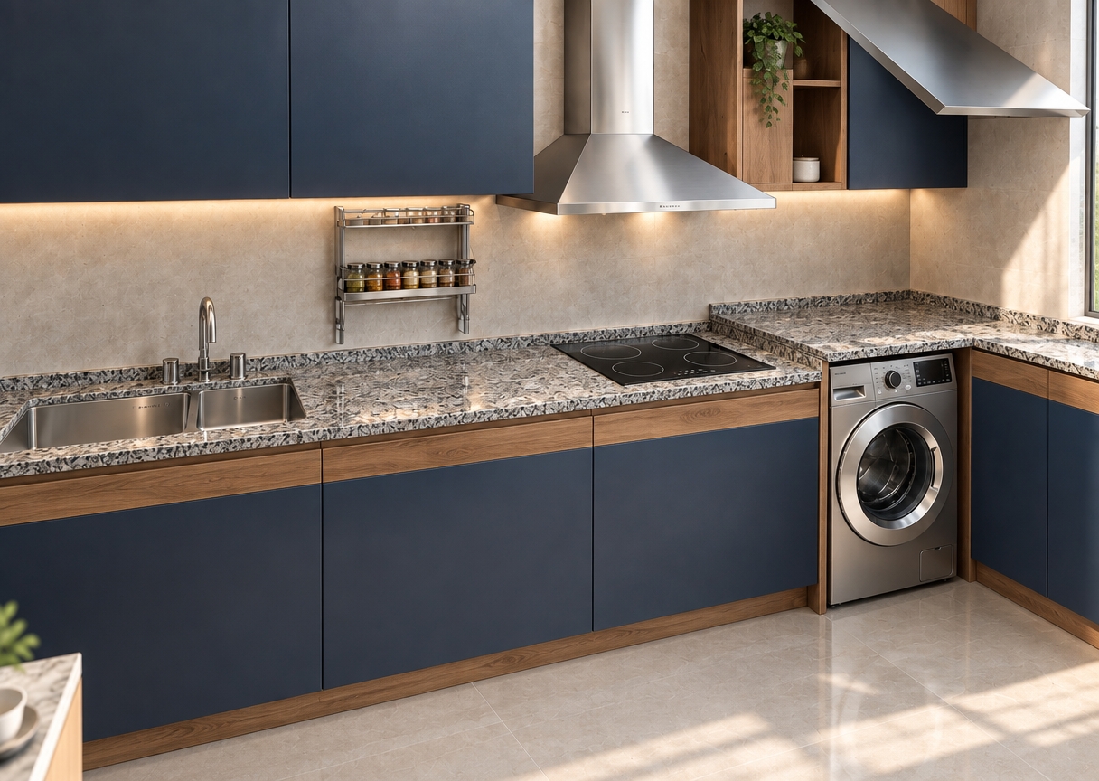 An incredibly lifelike, richly detailed, photorealistic interior shot of a sophisticated modern fusion kitchen set in a bright, contemporary residence. The scene is illuminated by soft, natural morning light filtering through an adjacent window, creating a warm, inviting atmosphere that accentuates the refined material palette. Captured with a 35mm lens, emphasizing the crisp textures of the granite countertop and the smooth, matte finish of the cabinetry.

The kitchen design is a masterclass in modern fusion, featuring sleek upper cabinets finished in a deep, sophisticated navy blue, paired harmoniously with warm, natural wood-toned accents that add a layer of organic texture. This striking duo contrasts beautifully against the sprawling granite countertops, which boast intricate grey and charcoal flecks that catch the light. A stainless steel range hood serves as a sharp industrial centerpiece above the induction cooktop, while the integrated washing machine tucked beneath the counter maintains a seamless, minimalist aesthetic. The backsplash, rendered in a soft, light-toned stone, provides a neutral canvas that highlights the precision of the joinery and the high-end finishes throughout, resulting in an elegant space that balances bold color with timeless warmth.