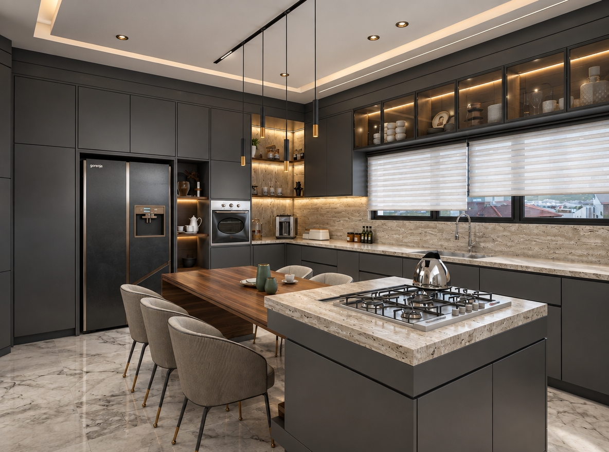 A crisp architectural photograph of the modern dark gray kitchen, captured with a professional full-frame tilt-shift lens maintaining identical composition, perspective, and materials. Balanced neutral interior illumination softly highlights the textures, paired with gentle, diffused natural daylight filtering through the closed window blinds. Countertops feature realistic textured travertine stone with subtle surface pores and tactile matte finishes, alongside satin dark gray cabinetry with delicate edge highlights. The polished stainless steel stovetop, chrome kettle, and glass cabinet doors exhibit physically accurate specular reflections. Upholstered dining chairs display fine woven fabric detail and grounded contact shadows against the softly reflective veined marble floor. Recessed spotlights and concealed under-cabinet LED strips cast natural, controlled light falloff without bloom, yielding an authentic photograph with subtle micro-textures and balanced dynamic range.
