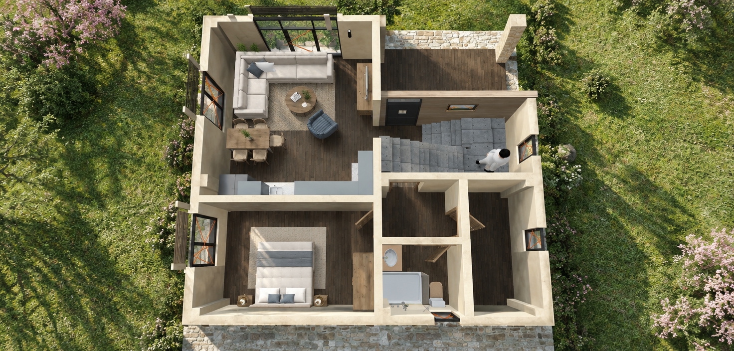 An incredibly lifelike, richly detailed, photorealistic bird's-eye architectural cutaway photograph of a modern fusion residential floorplan set in a vibrant spring countryside landscape. The scene is illuminated by clear, balanced midday natural light flooding through generous floor-to-ceiling windows and open skylights, creating a bright, sophisticated, and tranquil atmosphere. Captured with a professional high-resolution tilt-shift lens, emphasizing the intricate grain of dark espresso hardwood floors, smooth micro-cement textures, and tactile wooden and metallic finishes throughout the layout. The open-concept living and dining room serves as the dynamic focal point, showcasing a streamlined wooden dining table surrounded by sculptural chairs, paired with an elegant modular cream sectional sofa, a low-profile round timber coffee table bearing a glossy photography book, and a striking steel-blue accent armchair. Tasteful industrial-inspired black metal window frames and bold abstract wall art inject sharp graphic contrast into the neutral palette of charcoal, white, and warm beige, while a polished kitchen peninsula, a serene master bedroom with a tailored upholstered bed, and sleek stone-tiled stairs with a lone resident complete the impeccably balanced, urban-contemporary design.