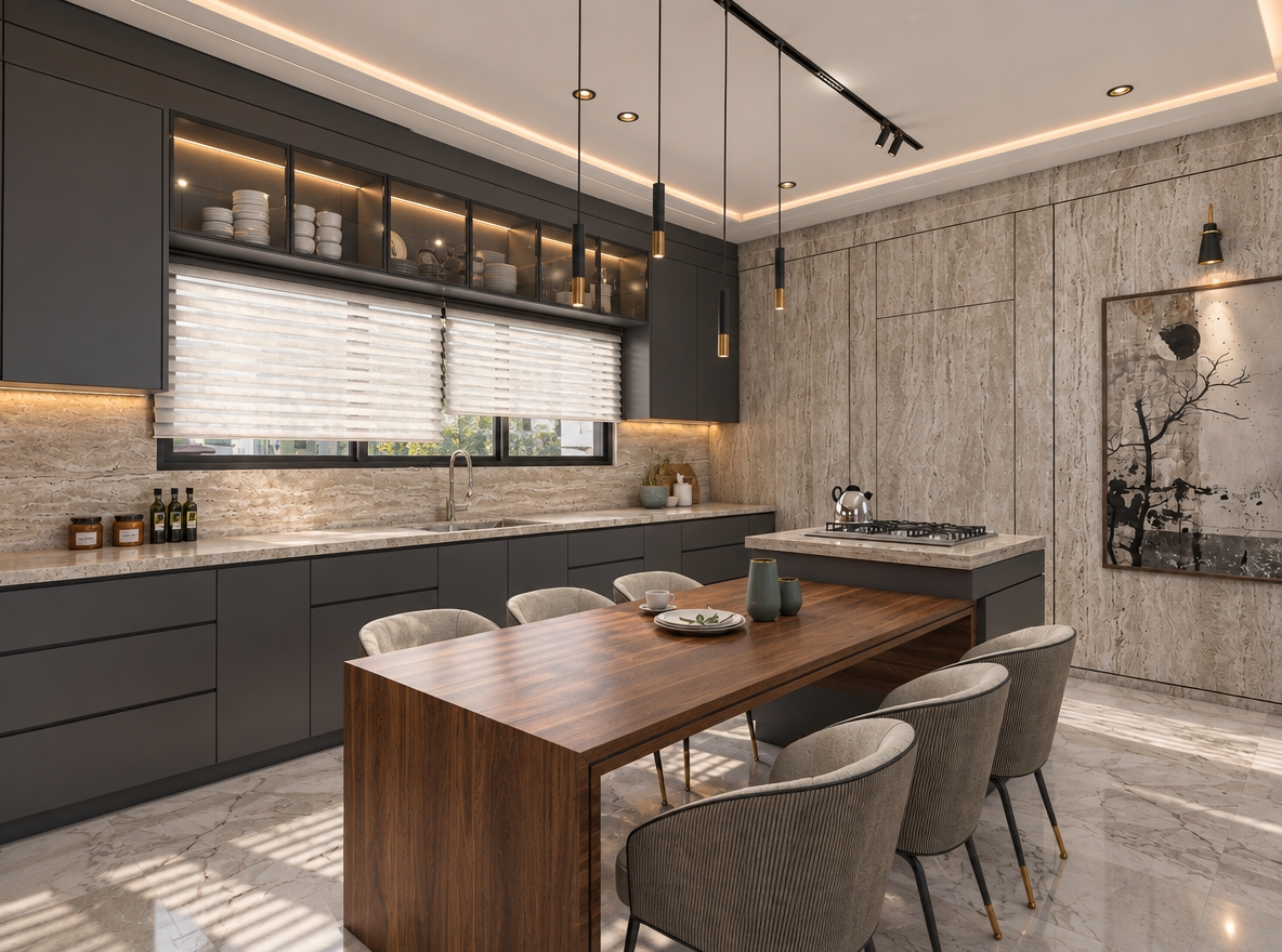 A professional architectural photograph of the modern kitchen and dining space, preserving the exact layout, geometry, framing, and neutral color palette. Natural, diffused daylight filters softly through the horizontal blinds, balanced with the clean illumination of the concealed LED strips, track fixtures, and slim black pendant lights. Surface materials exhibit tactile realism, featuring the organic porosity of the travertine wall panels, fine matte textures on the dark charcoal cabinetry, rich grain across the walnut waterfall table, distinct fabric weave on the dining chairs, and soft specular reflections across the polished marble floor. The rendering is grounded by physically accurate ambient occlusion, deep contact shadows, and natural optical depth.