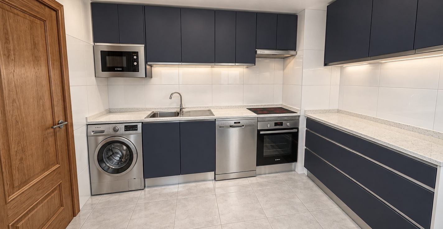 A photorealistic architectural photograph capturing the exact kitchen layout, perspective, and materials with crisp photographic realism. The dark navy cabinetry features a smooth matte finish with subtle environmental reflections, paired with polished white speckled quartz countertops. All stainless steel appliances—the microwave, washing machine, dishwasher, and oven—exhibit natural brushed-metal textures and accurate specularity, alongside the glossy black ceramic stovetop. The wall and floor tiles display realistic ceramic glaze with fine, natural grout lines, while the interior door on the left showcases authentic warm wood grain. Diffused ambient interior lighting creates soft, realistic contact shadows beneath the cabinets and appliances, rendered with balanced exposure and clean photographic clarity.