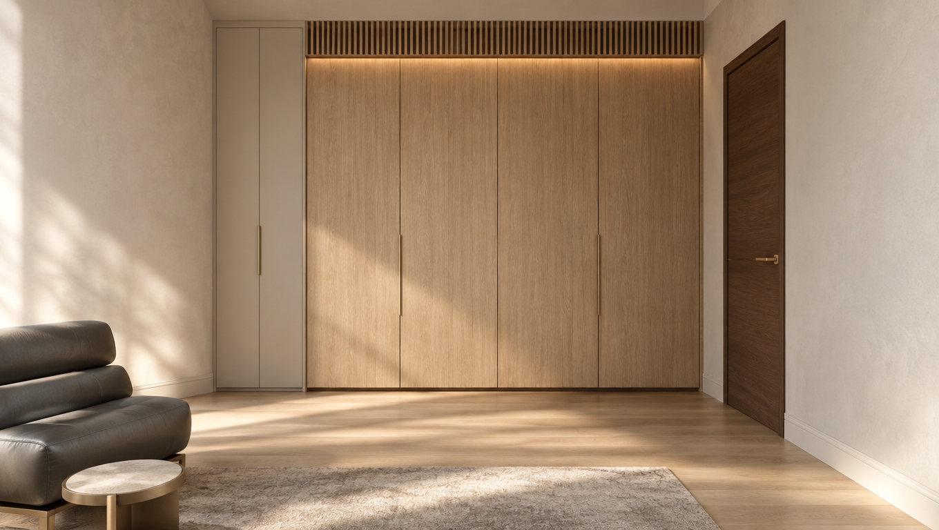 An incredibly lifelike, richly detailed, photorealistic interior shot of a minimalist master suite walk-in closet area set in a contemporary urban residence. The scene is illuminated by soft, natural afternoon sunlight filtering in from the left, creating a warm, serene atmosphere with gentle, elongated shadows that emphasize the texture of the plastered walls. Captured with a 35mm wide-angle lens, the image highlights the seamless interplay between natural wood grains and refined matte finishes.

The composition centers on an elegant, floor-to-ceiling wardrobe system. The primary cabinets are finished in a light, sun-bleached oak veneer, showcasing a natural vertical grain that brings organic warmth to the space. Flanking these on the left is a bespoke, slim-profile cabinet in a soft, creamy beige matte finish, accented by a slender brushed-gold handle that ties into the subtle metallic hardware throughout the room. Above the main wardrobe, a horizontal timber-slat feature adds a rhythmic, architectural depth to the ceiling line, complemented by recessed LED accent lighting that casts a soft, downward glow across the cabinet fronts.

To the right, a rich walnut-toned door provides a sophisticated contrast, leading into the private quarters. In the foreground, a low-profile lounge chair upholstered in supple, charcoal-gray leather sits atop a textured stone-patterned area rug, its iconic curves evoking a classic modernist aesthetic. A minimalist side table with a circular top rests beside it, maintaining the uncluttered, Zen-inspired philosophy of the design. 

The walls are finished in a finely textured, off-white lime wash, reflecting the ambient light to create a sense of expansive tranquility. Every surface is pristine and intentionally kept clear to maintain a streamlined, functional environment. The depth of field is shallow, allowing the eye to focus on the tactile quality of the wood and the clean, geometric lines of the cabinetry, while the subtle transitions in shades of white, gray, and pastel cream emphasize a monochromatic, high-end palette. The atmosphere is one of profound calm, suggesting a space designed for quiet reflection and organized luxury.