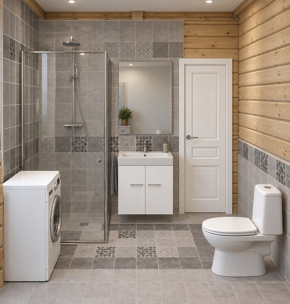 An eye-level architectural interior photograph capturing the exact layout, geometry, and perspective of the scene under soft, diffused daylight and subtle overhead recessed spotlights. The space features matte light-grey ceramic wall tiles accented with graphite-patterned tile inserts, alongside warm, matte horizontal pine plank cladding along the right wall. The floor showcases a rug-like pattern of alternating light and dark grey tiles with realistic grout lines. The shower glass presents clear, physically accurate reflections and transparency, while the washing machine, vanity cabinet, door, and toilet feature crisp matte white finishes accented with brushed chrome hardware, producing a clean Scandinavian aesthetic with balanced exposure and natural contact shadows.