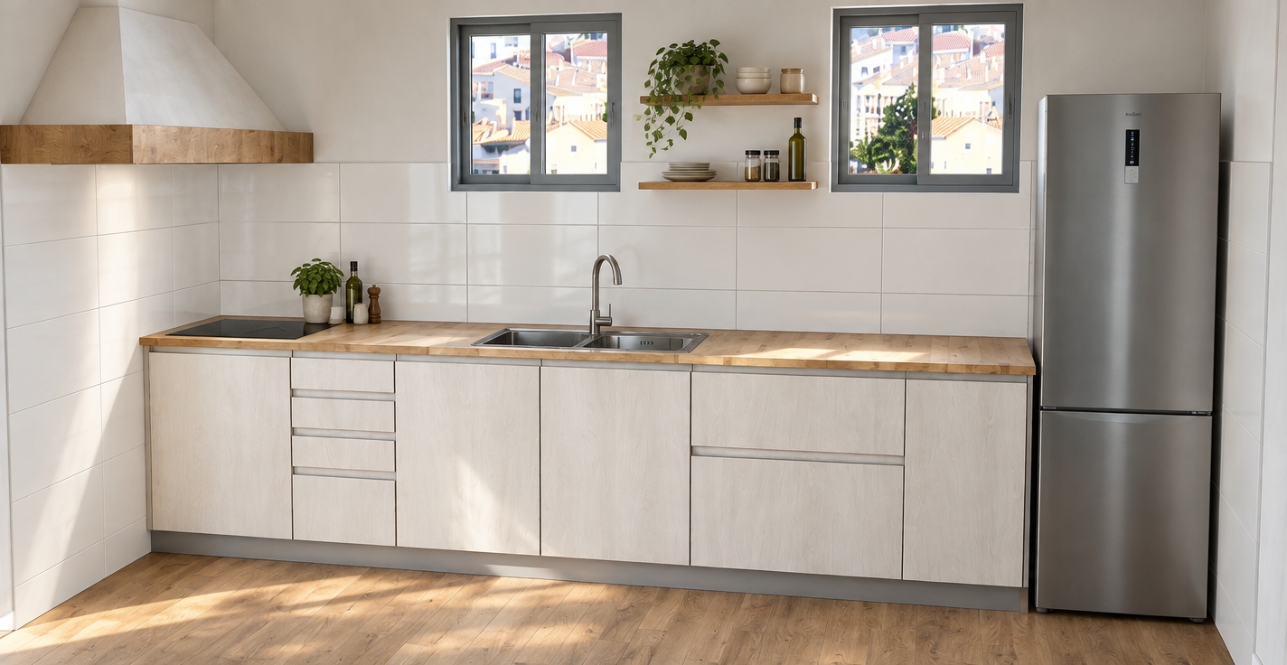 A sharp, eye-level architectural photograph of the kitchen preserving the exact composition and materials. Natural daylight streams through the twin windows, casting soft, diffused illumination across the light wood butcher-block countertop, ceramic white tiled backsplash, and pale cabinet facades. The tall stainless steel refrigerator and gooseneck sink fixture feature authentic brushed metal reflections, while the smooth induction cooktop shows subtle ambient highlights. Realistic wood grain textures on the floor and floating shelves, precise grout lines, clean edge transitions, and balanced interior lighting create a faithful, tangible photograph with subtle depth and zero distortion of the original geometry.