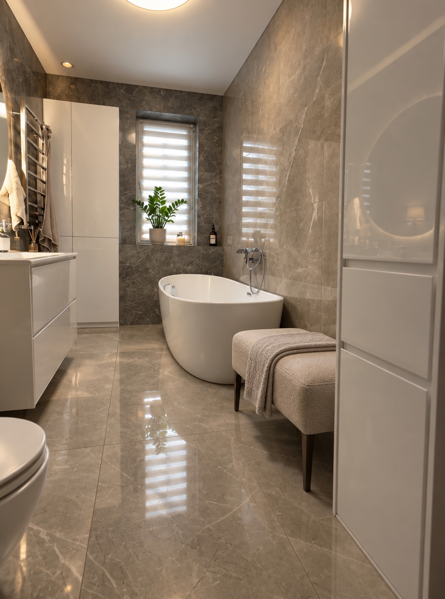A professional architectural photograph of the bathroom preserving the original perspective, replacing the chair with an elegant upholstered low bench and placing a potted Zamioculcas plant on the windowsill. Soft daylight filters through the window blinds, balancing with warm ambient ceiling light to create natural reflections across the polished marble tiles, freestanding bathtub, and sleek white cabinetry. The shot features realistic depth of field, authentic micro-textures on the bench upholstery and plant foliage, and gentle photographic vignetting.