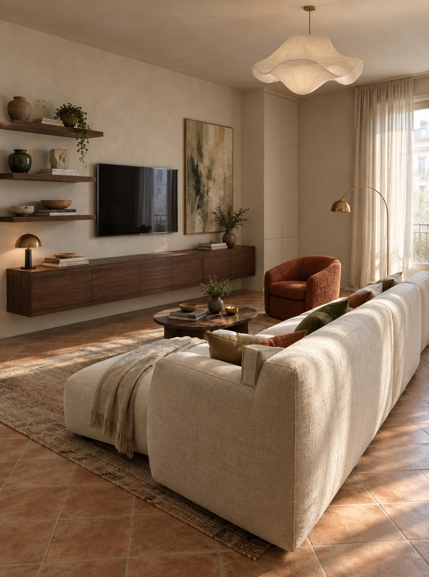 An incredibly lifelike, richly detailed, photorealistic wide-angle interior photograph of a redesigned, art-infused modern fusion living room set in a sunlit European apartment. The scene is illuminated by gentle, diffused midday spring sunlight filtering through translucent linen window drapery, complemented by the warm, directional glow of brushed brass accent luminaires, creating an inviting, cultured, and serene atmosphere. Captured with a professional full-frame camera and a 35mm f/2.0 architectural prime lens, emphasizing the rich tactile contrasts of raw natural linen, open-grain dark walnut, handmade ceramics, and the enduring diagonal ceramic floor tiles.

Preserving the room's foundational architecture and diagonal tile flooring, the layout is reimagined with graceful proportions, clean lines, and intentional negative space. In the center, replacing the formerly heavy sectional, sits an elegant, linear sofa with soft, rounded contours, tailored in a breathable, chalky oatmeal linen. Plump decorative cushions in muted moss green, burnt ochre, and raw silk invite relaxation. Beneath the seating ensemble, a generously sized hand-knotted wool and flatweave rug in warm ecru and soft earthy tones anchors the conversation area, providing textural contrast and sound dampening over the tiled floor. Angled naturally opposite the sofa is a sculptural accent armchair clad in deep terracotta bouclé, infusing the space with a sophisticated pop of warm color that gracefully bridges modern minimalism and organic warmth.

Across the room, the media wall undergoes a complete transformation. Beneath a slim, flush-mounted screen floats a low-profile, bespoke console crafted from rich dark walnut, featuring seamless push-latch doors that hide all electronics and clutter. Anchoring the right edge of this wall, a tall, full-height custom built-in cabinet stretches seamlessly to the ceiling, finished in a soft, satin warm-white to blend effortlessly into the architecture. Balancing this closed volume, slender floating solid-wood open shelves span the remaining wall space, artfully curated with glazed stoneware vessels, earthy ceramics, textured sculpture, and horizontally stacked art monographs. 

The walls are painted in a soothing, velvety warm white with subtle lime-wash undertones that amplify the natural light. Above the console, a large, curated piece of textured mixed-media abstract art introduces expressive brushwork and hints of sage green, tying the room visually to adjacent living spaces. 

To the right, the window is framed by full-length, floor-pooling curtains of natural washed linen that gently filter the bright exterior daylight and cast delicate shadows across the floor. Hovering above the center of the room, an oversized, fluidly shaped sculptural pendant light made of molded washi paper or tensile organic fabric hangs like a floating cloud, lending an artisanal, modern statement overhead. Beside the seating, a slender, arched floor lamp in aged brushed brass introduces a warm metallic gleam, creating a balanced, luxurious, and deeply livable sanctuary.